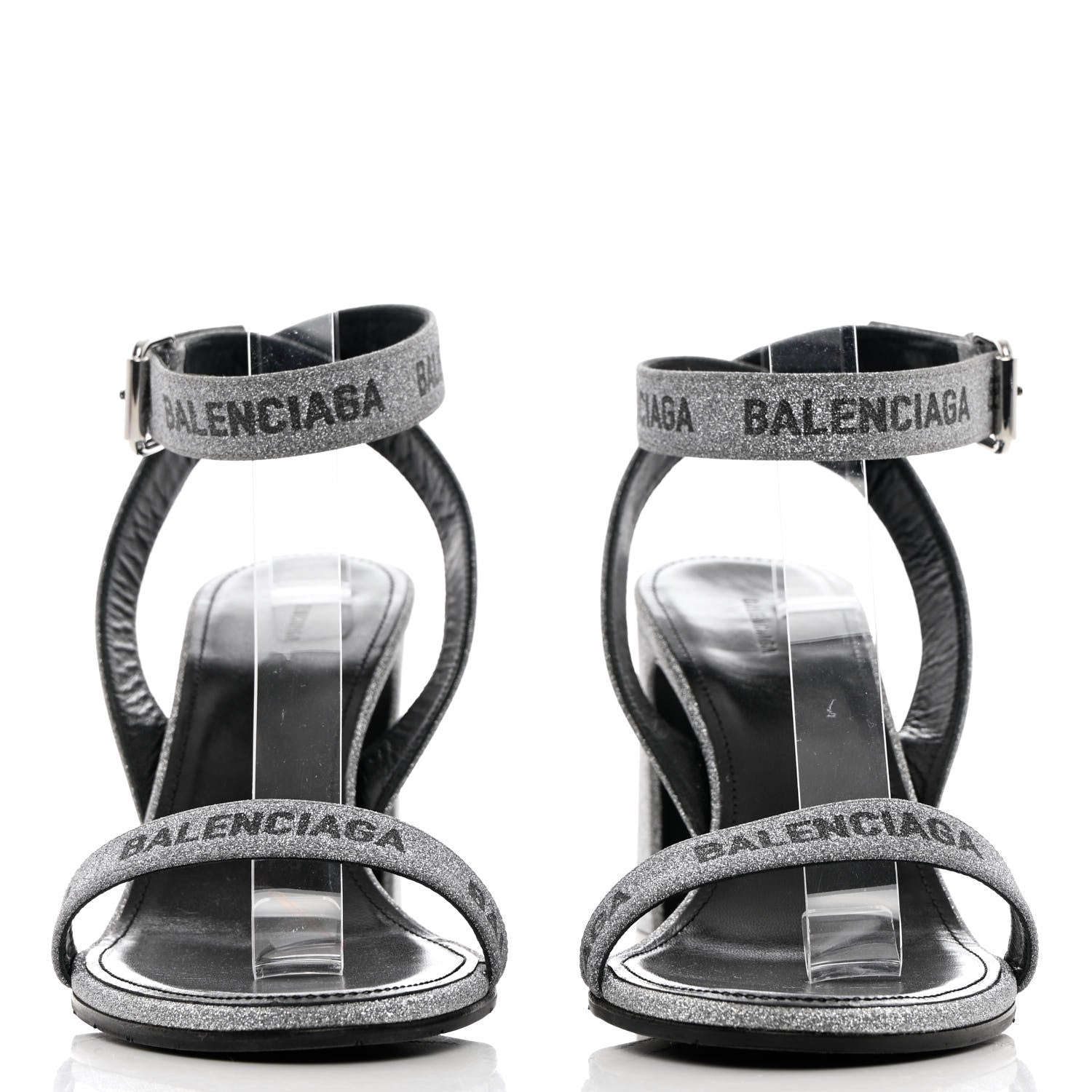 Balenciaga Glitter Allover Logo Ankle Strap Round Heel 80mm Sandals 39 Silver Black 2 of 14