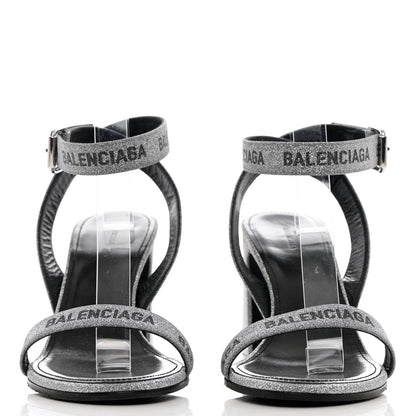 Balenciaga Glitter Allover Logo Ankle Strap Round Heel 80mm Sandals 39 Silver Black 2 of 14