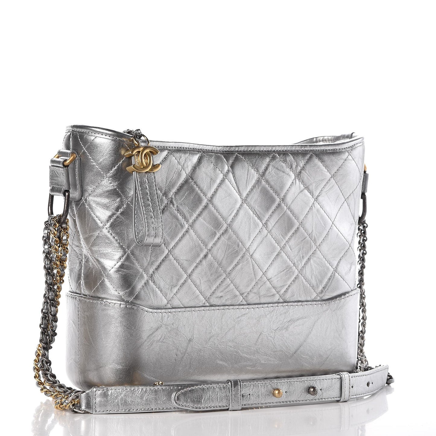 Metallic Aged Calfskin Quilted Medium Gabrielle Silver