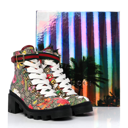 Gucci GG Supreme Monogram Flora Lace Up Combat Ankle Boots 39 Beige Multicolor Red 9 of 9
