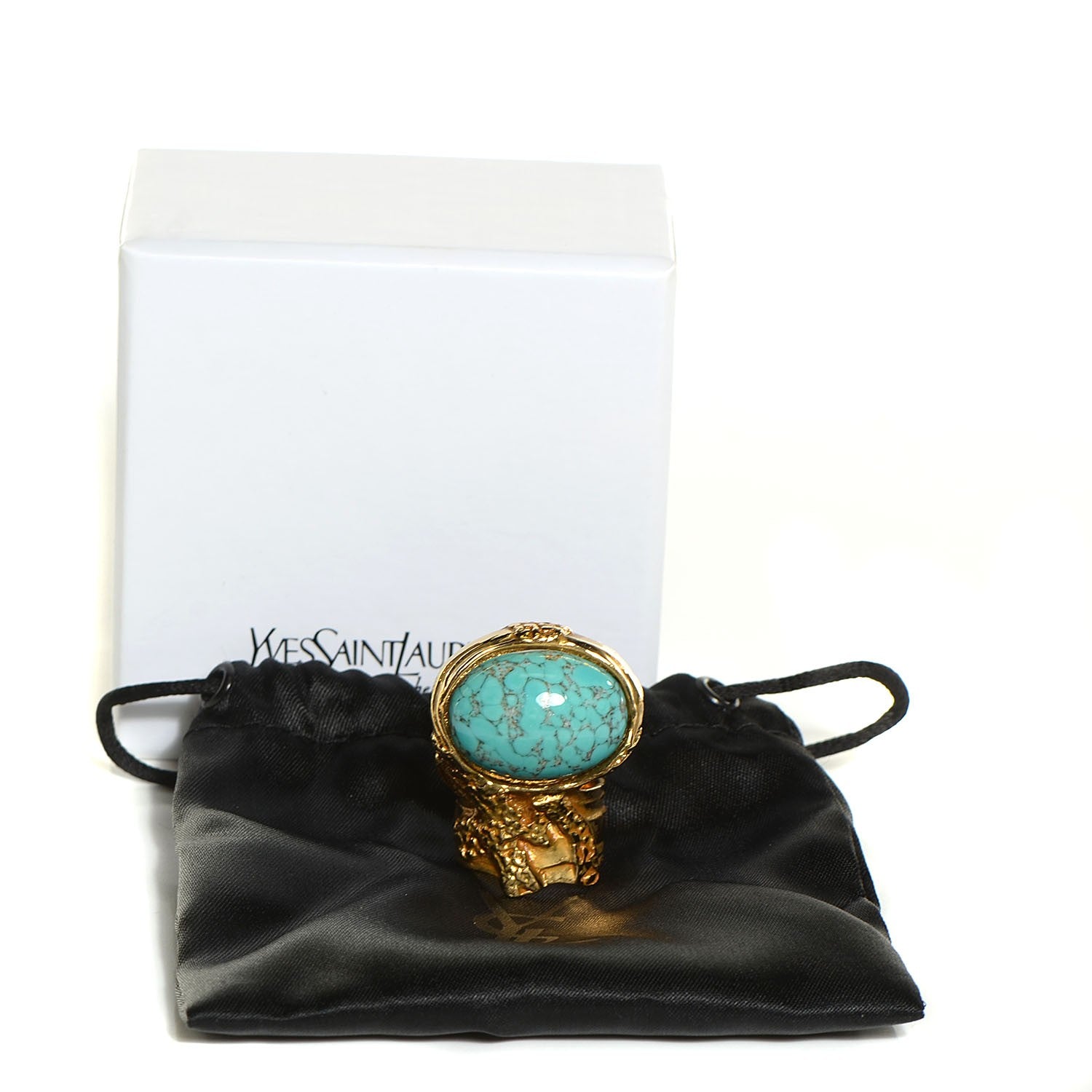 Saint Laurent Glass Cabochon Arty Ovale Ring 8 Gold Turquoise 5 of 5