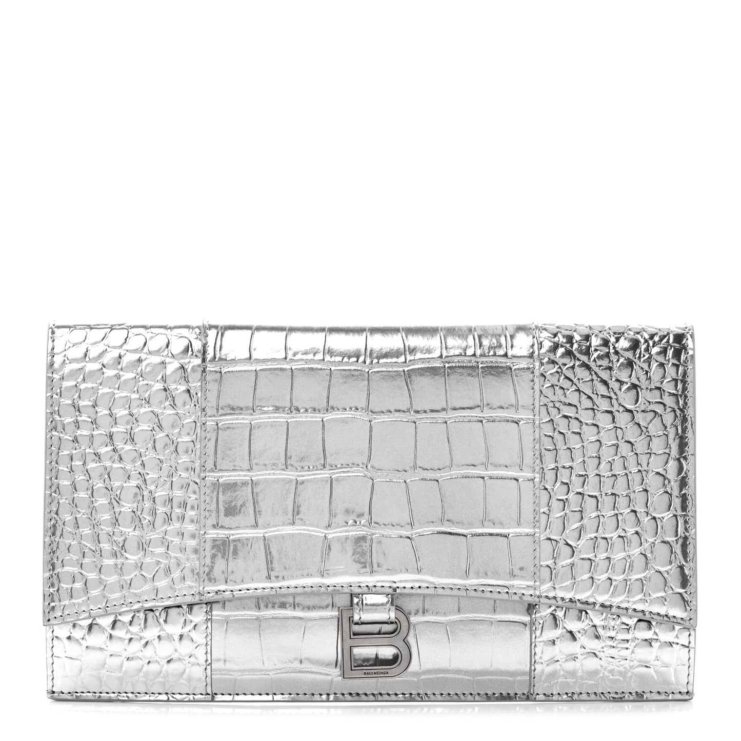 Metallic Calfskin Crocodile Embossed Hourglass Flap Flat Pouch Silver