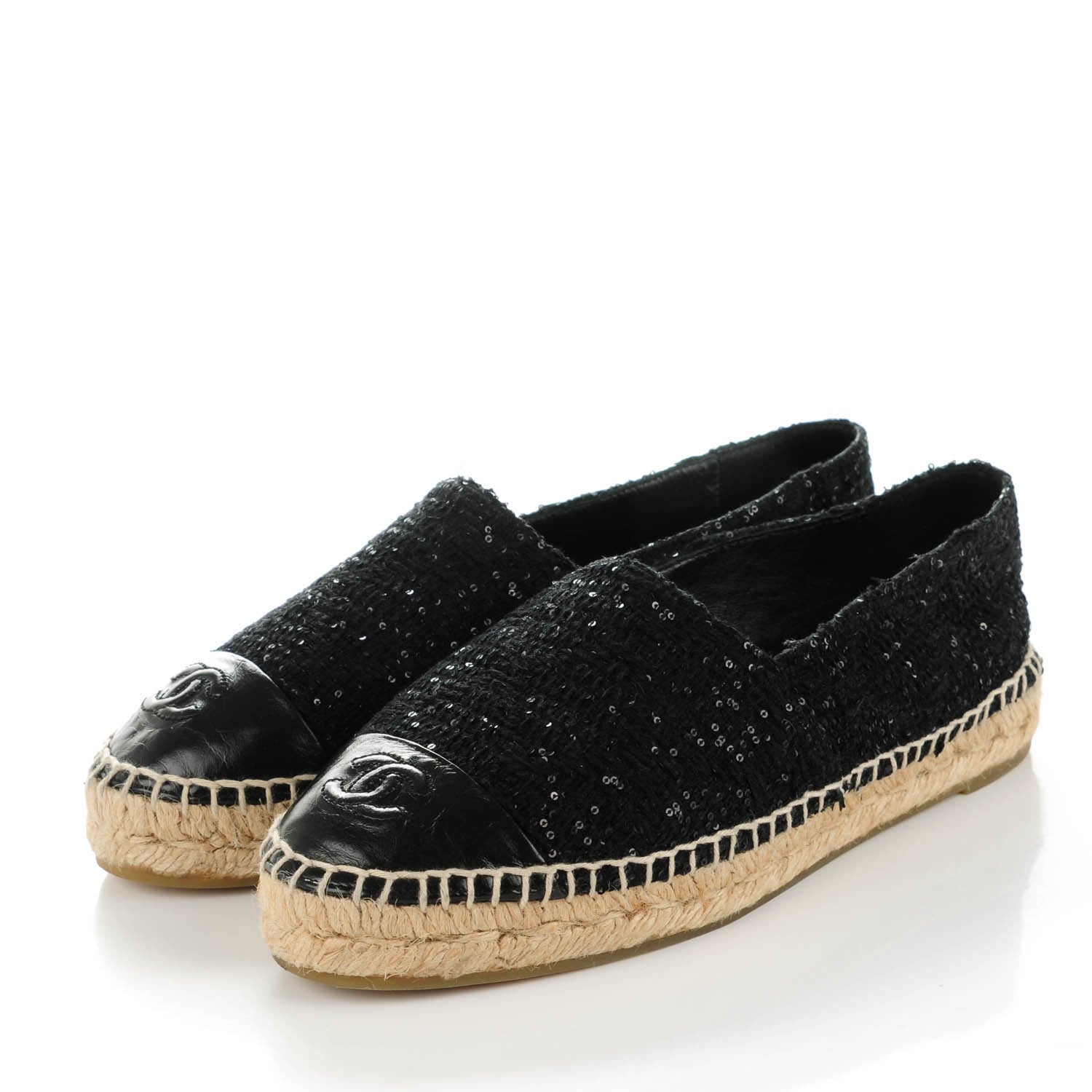 Chanel Tweed Patent Goatskin Sequin CC Espadrilles 37 Black 3 of 9