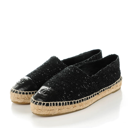 Chanel Tweed Patent Goatskin Sequin CC Espadrilles 37 Black 3 of 9