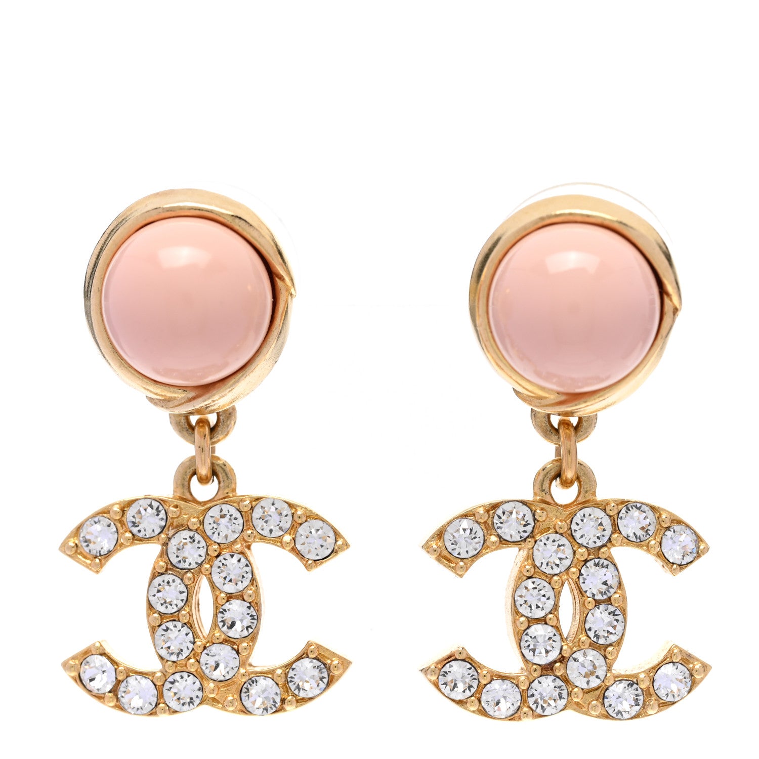 Chanel Crystal Pearl CC Drop Earrings Pink Gold 1 of 4