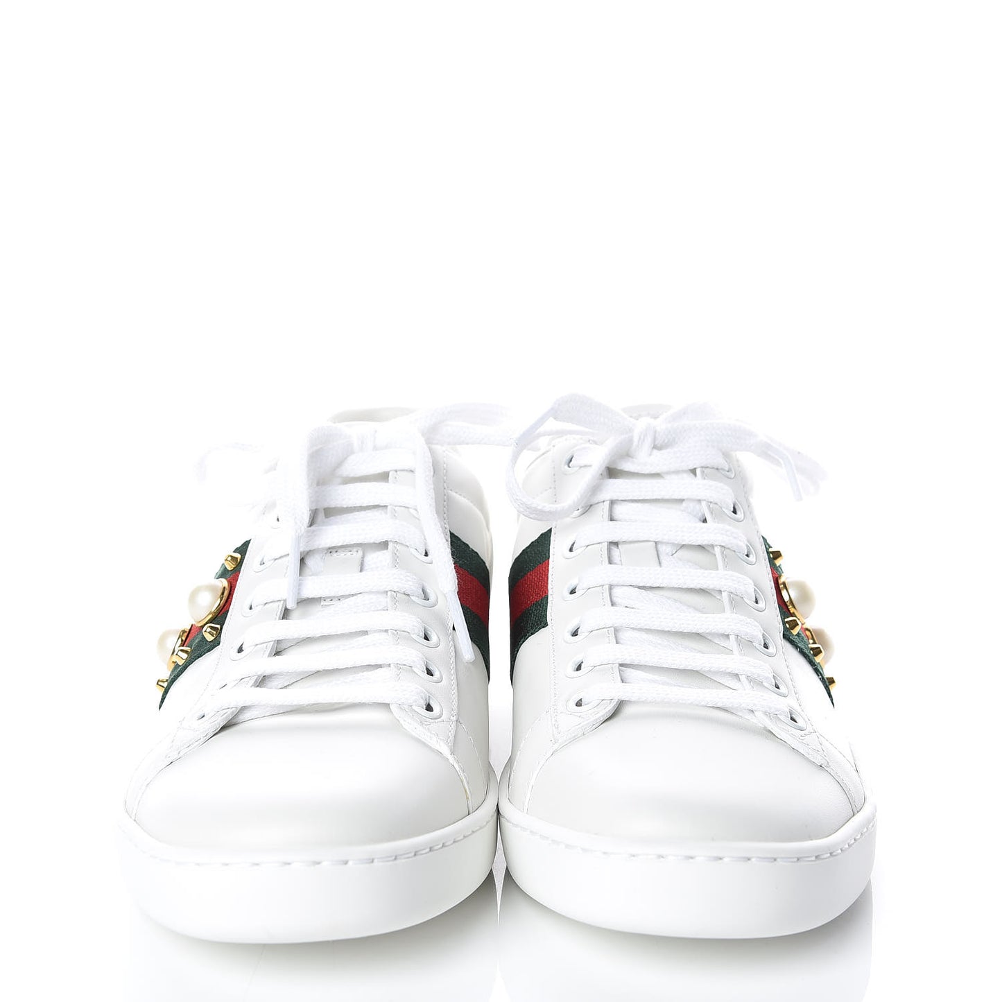 Calfskin Web Pearl Studded Womens Ace Sneakers 38 White