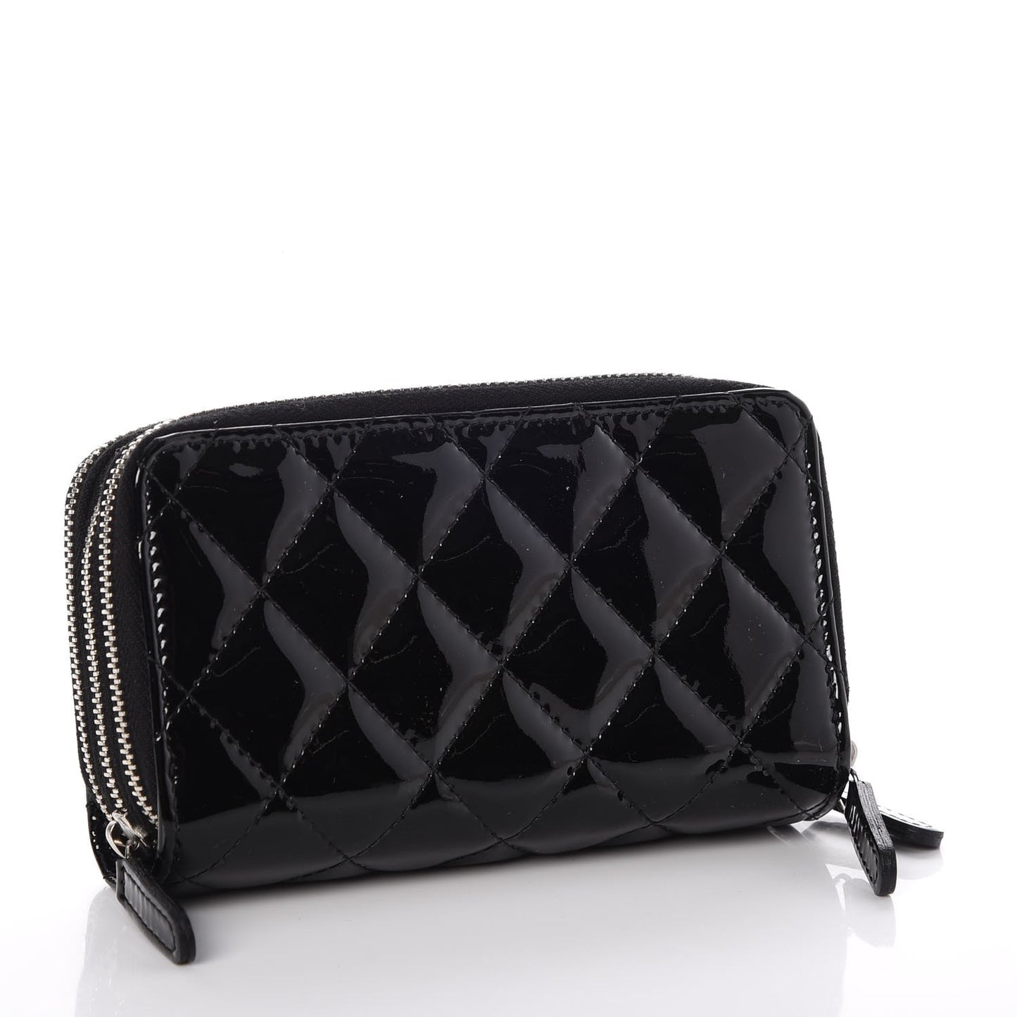 Patent Quilted Small Triple Zipper Wallet Black