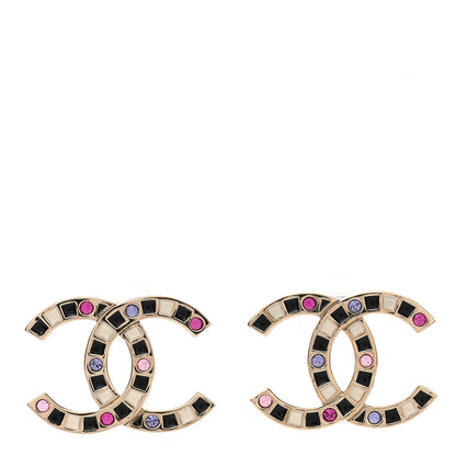 Chanel Crystal Enamel Large CC Earrings Gold Black White Pink 1 of 4