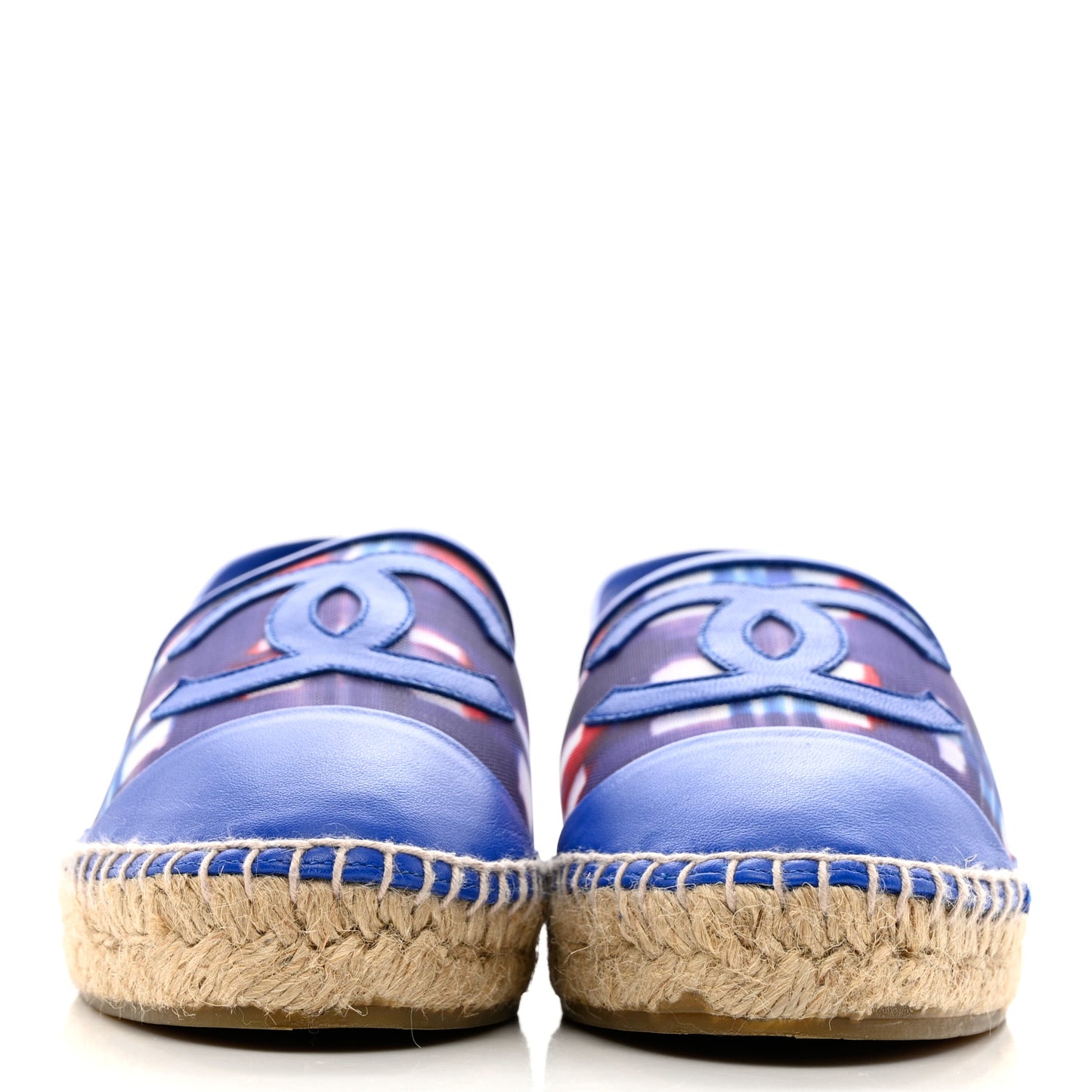 Mesh Lambskin Plaid Print CC Espadrilles 38 Blue White Red