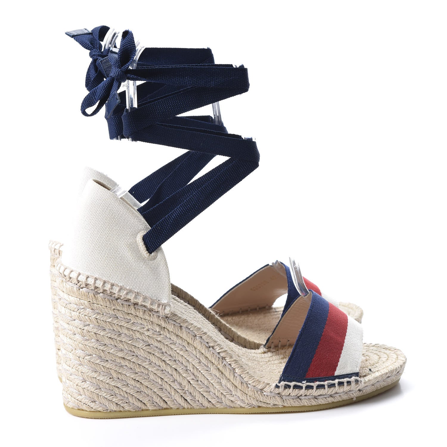 Gucci Canvas Sylvie Web Ankle Wrap Espadrille Wedge Sandals 42 Mystic White Hibiscus Red Maritime 4 of 10