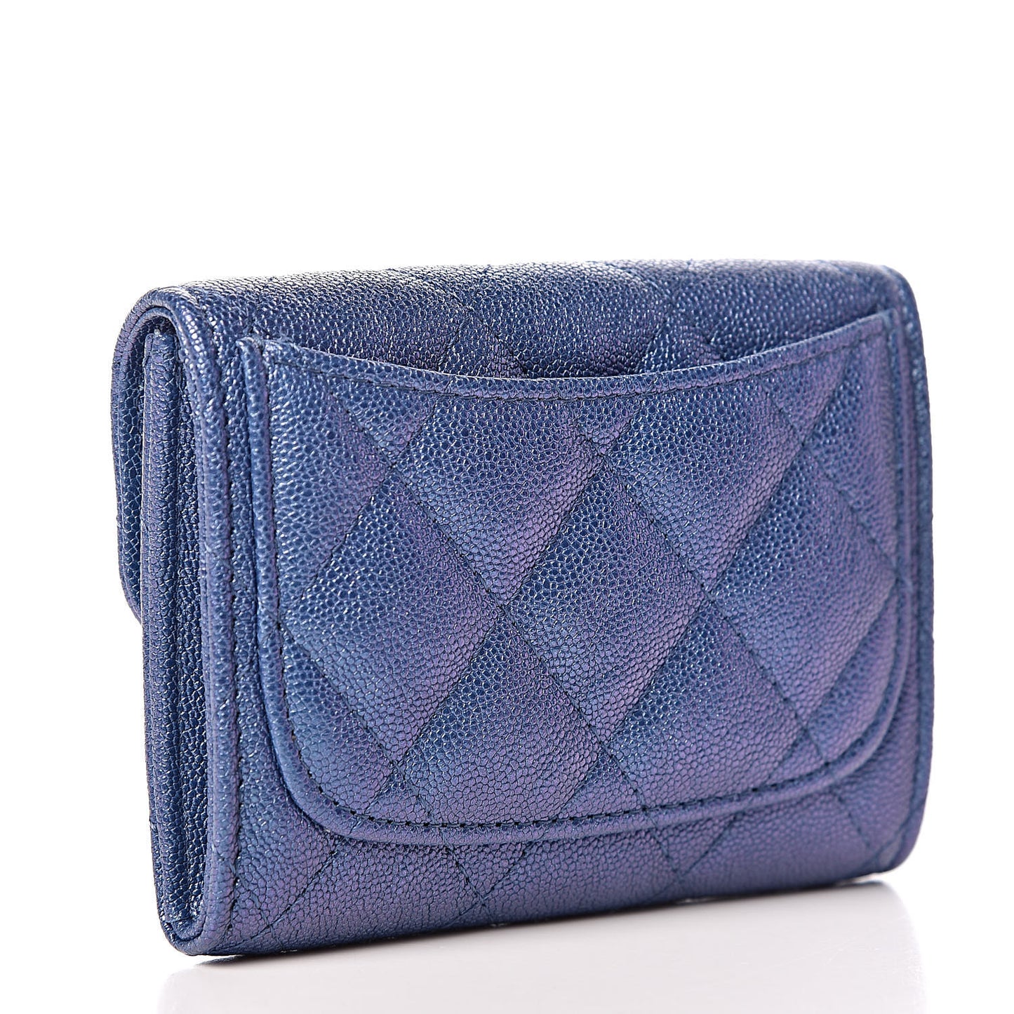 Iridescent Caviar Quilted Flap Card Holder Wallet Dark Blue