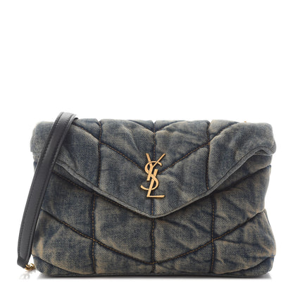 Saint Laurent Denim Quilted Toy Loulou Puffer Monogram Chain Satchel Blue Black 1 of 9
