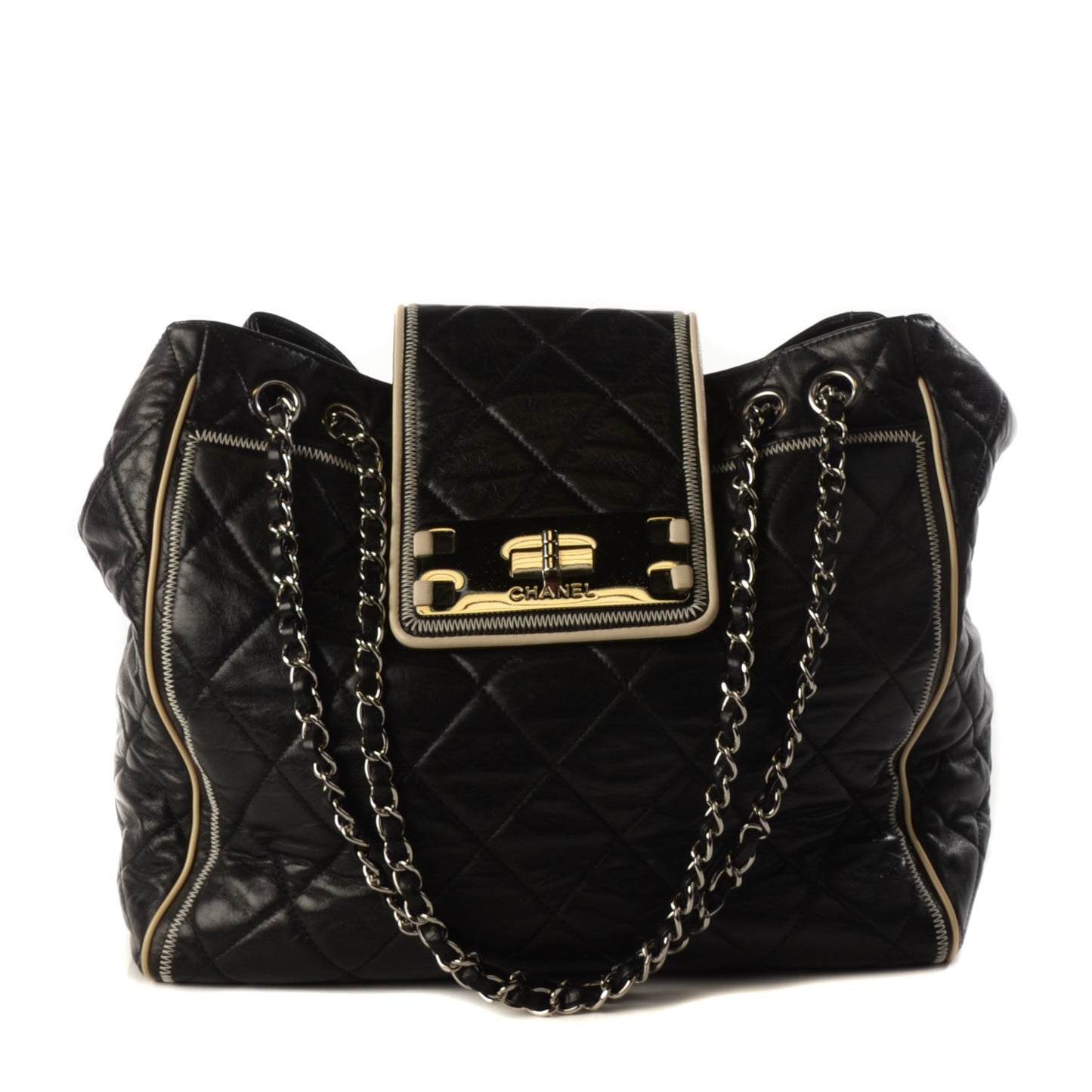 Lambskin Large North South Accordion Tote Black