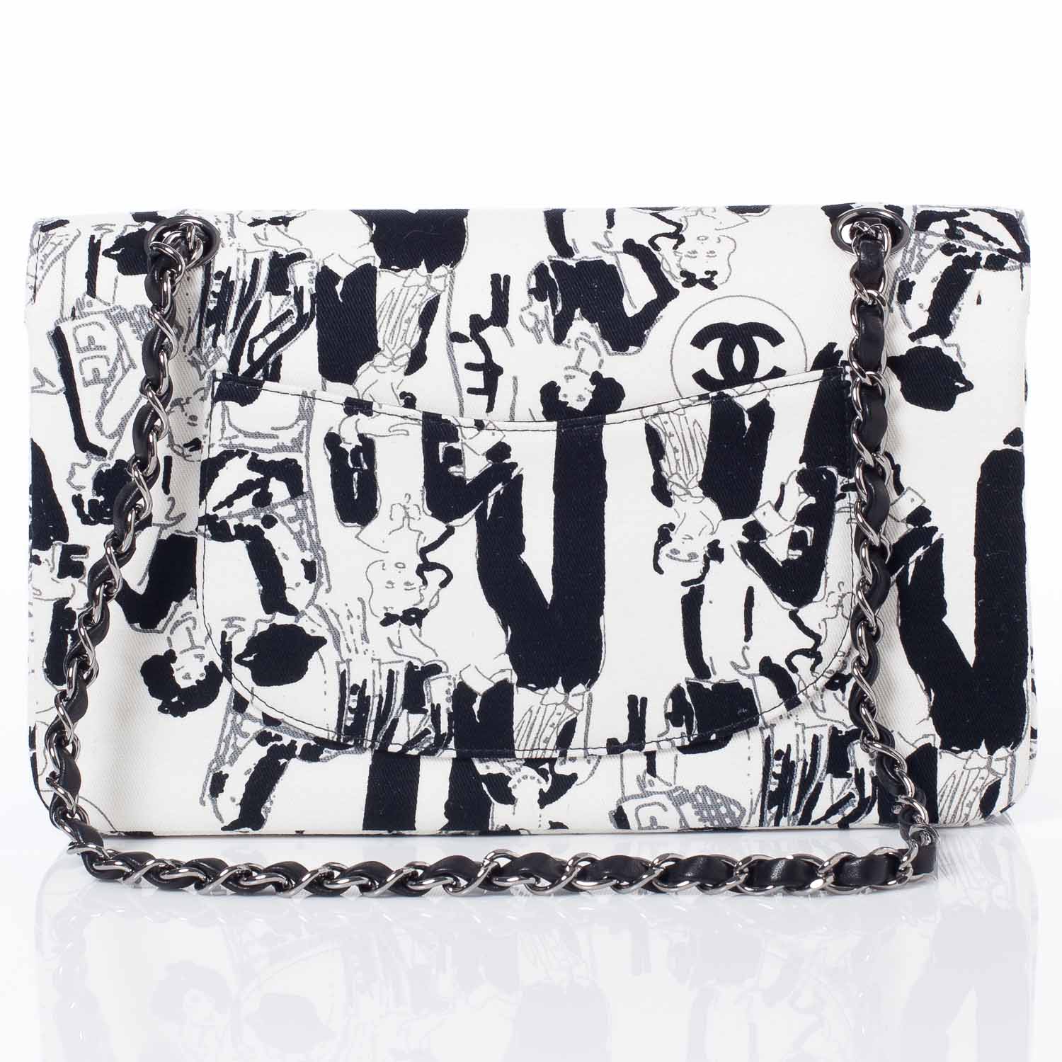 Chanel Canvas Coco Icons Medium Double Flap Black White 4 of 10