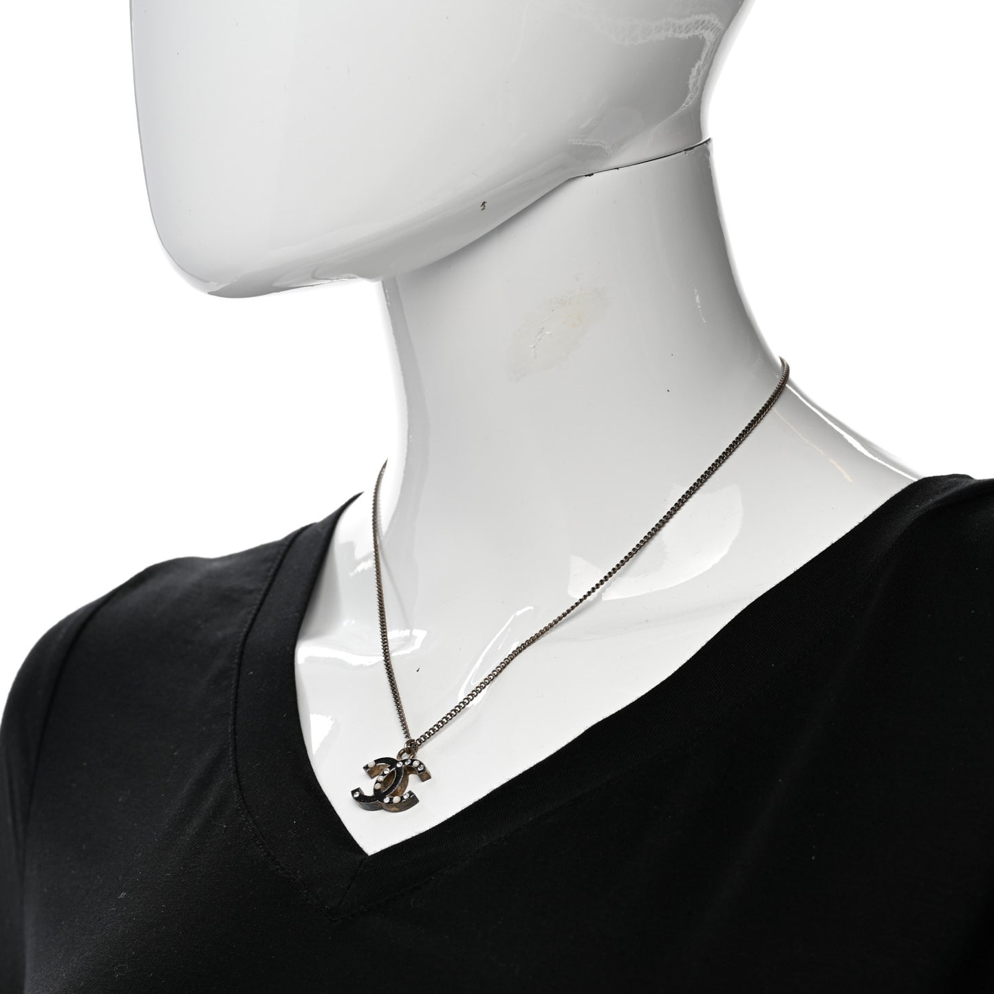 Enamel Crystal Pearl CC Pendant Necklace Ruthenium