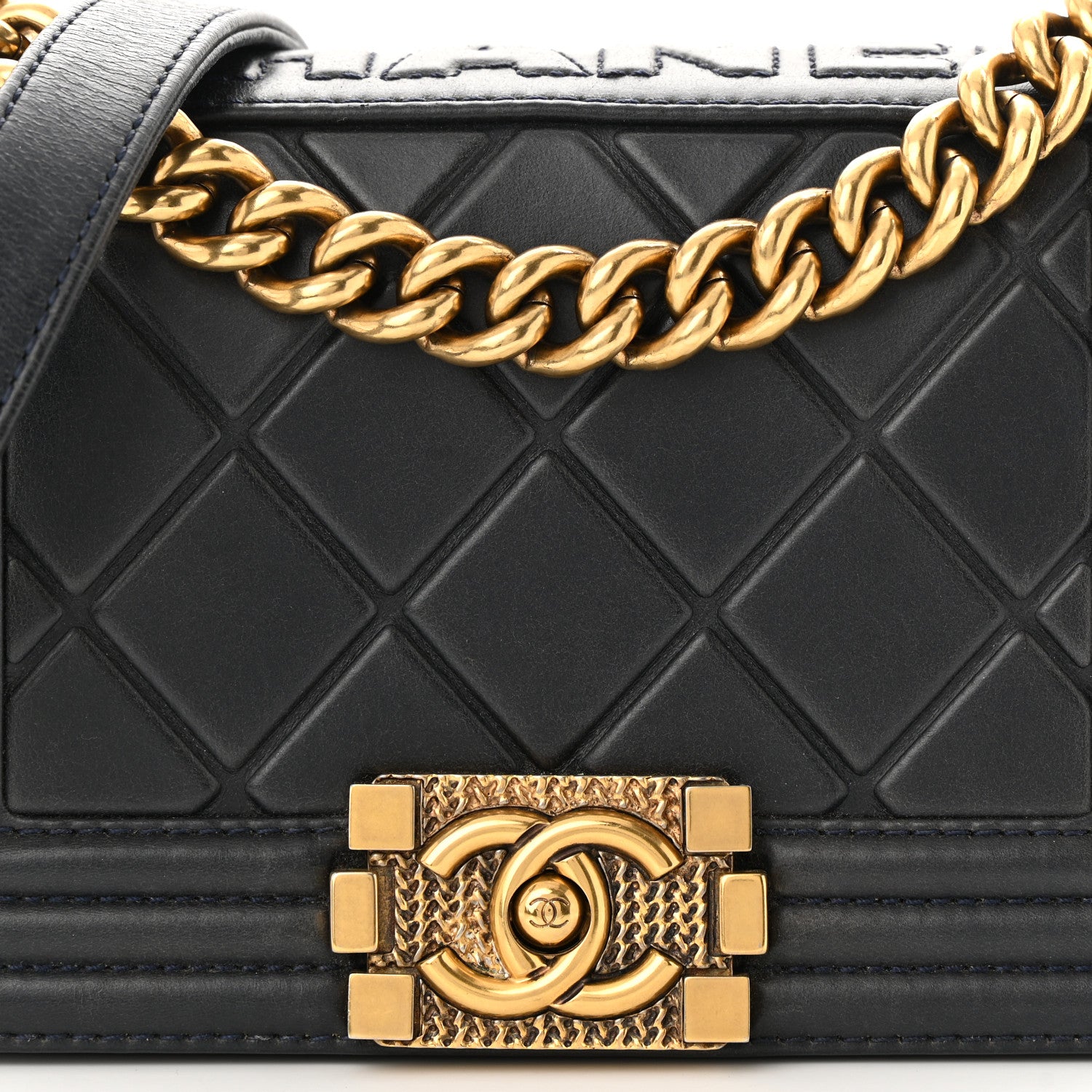 Chanel Calfskin Embossed Small Paris Salzburg Boy Flap Navy 8 of 11