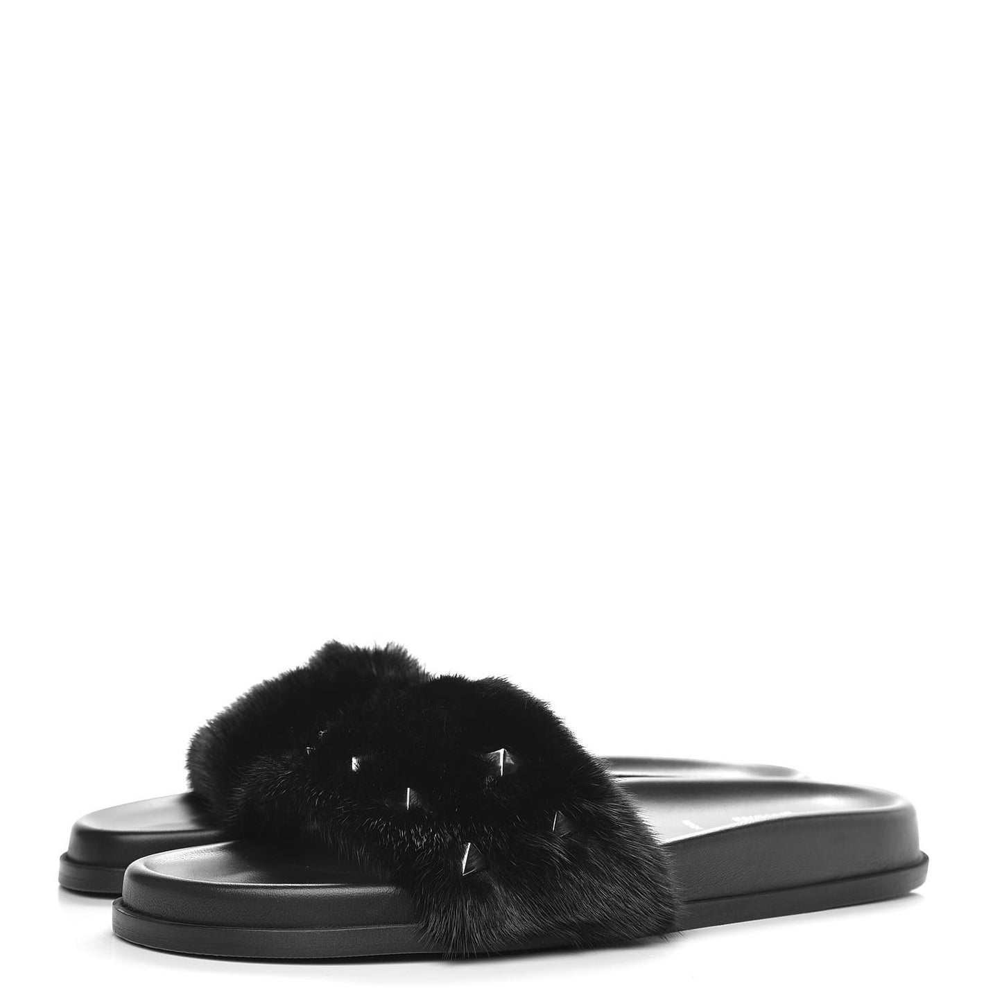Mink Fur Rockstud Slide Sandals 40 Black