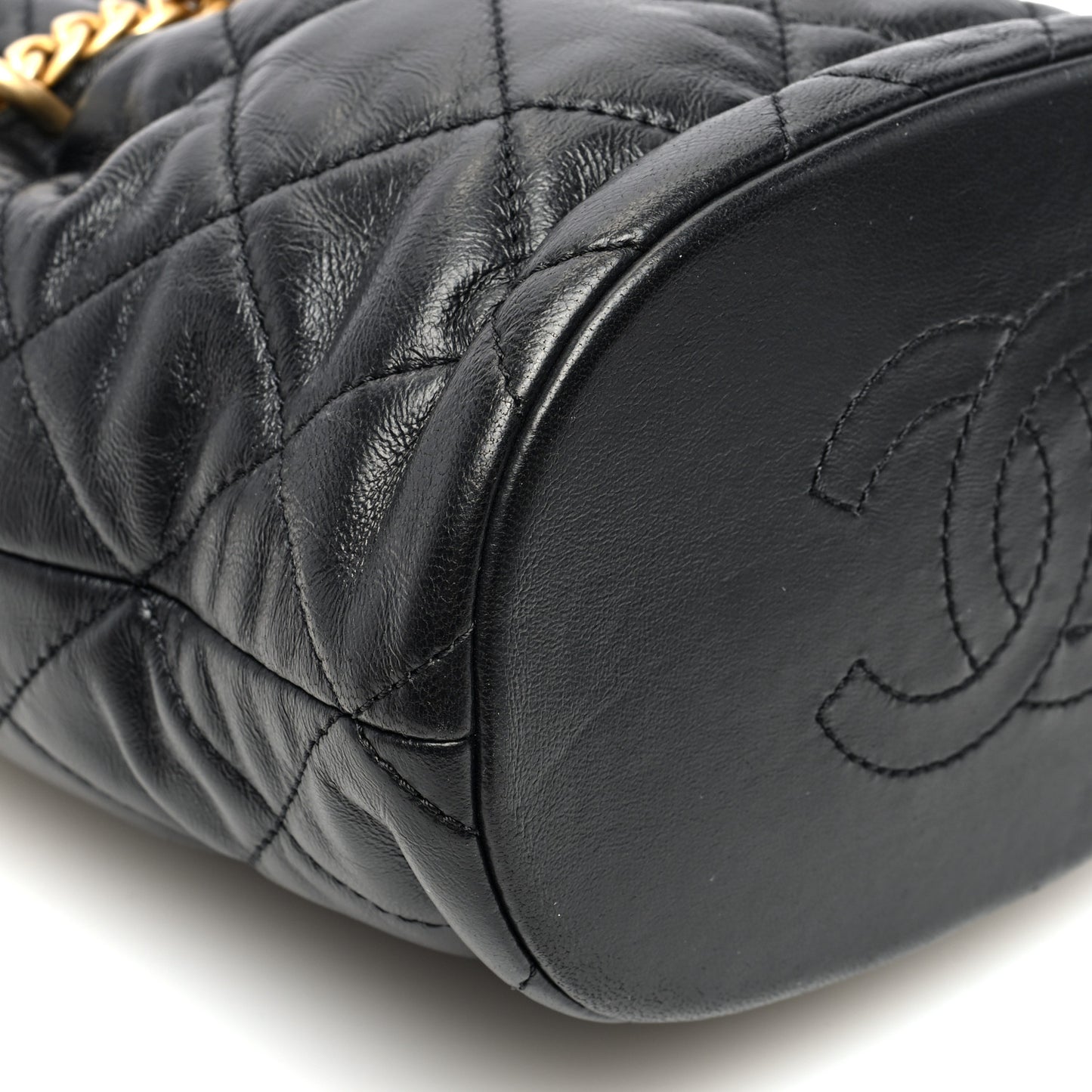 Lambskin Enamel Quilted Pending CC Bucket Drawstring Bag Black