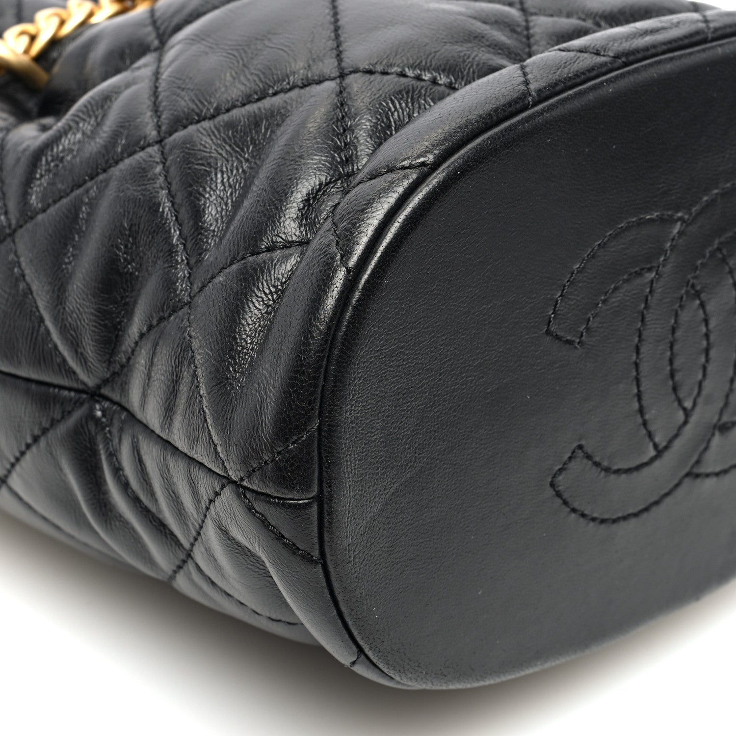 Chanel Lambskin Enamel Quilted Pending CC Bucket Drawstring Bag Black 9 of 10