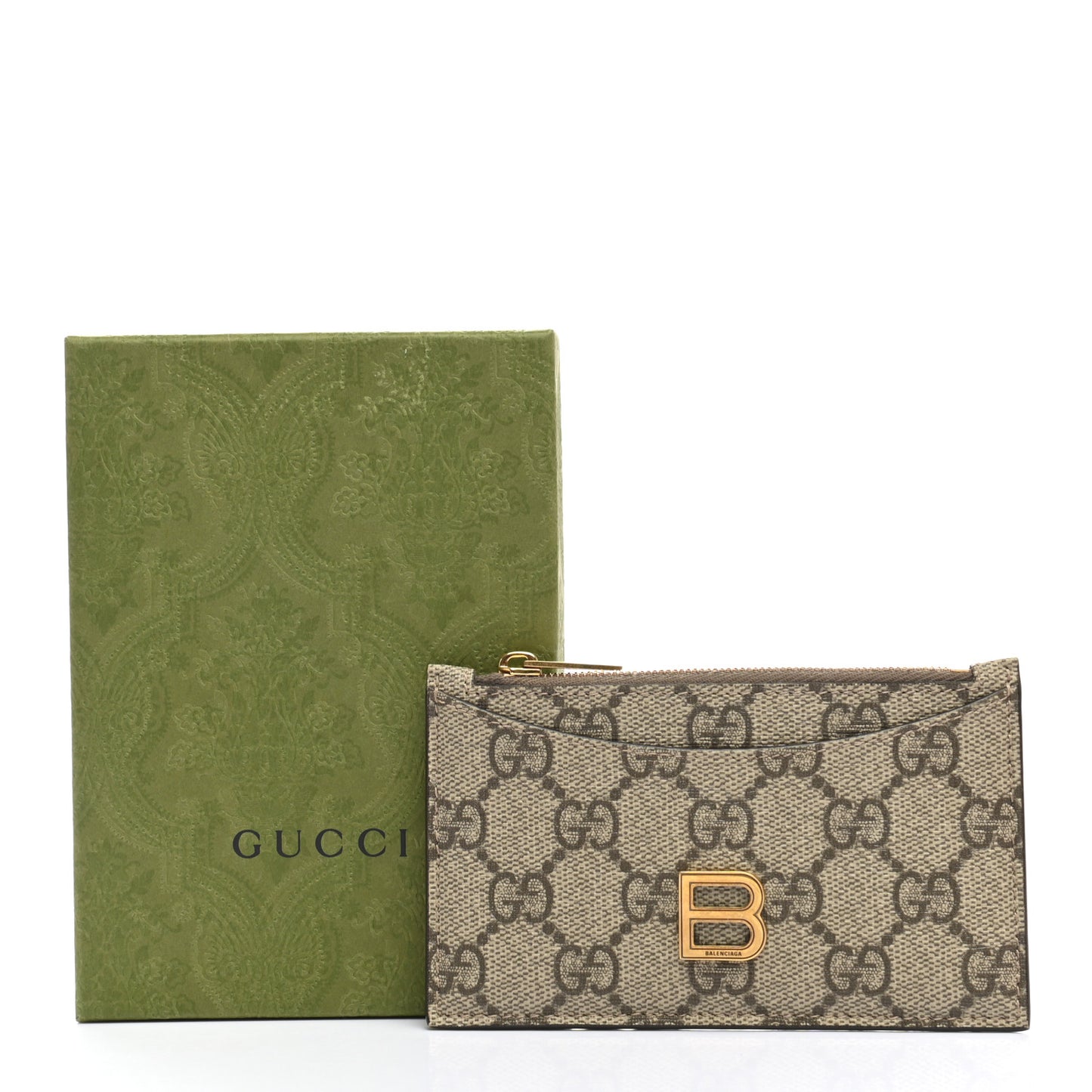 X BALENCIAGA GG Supreme Monogram Zip Card Case Beige Ebony