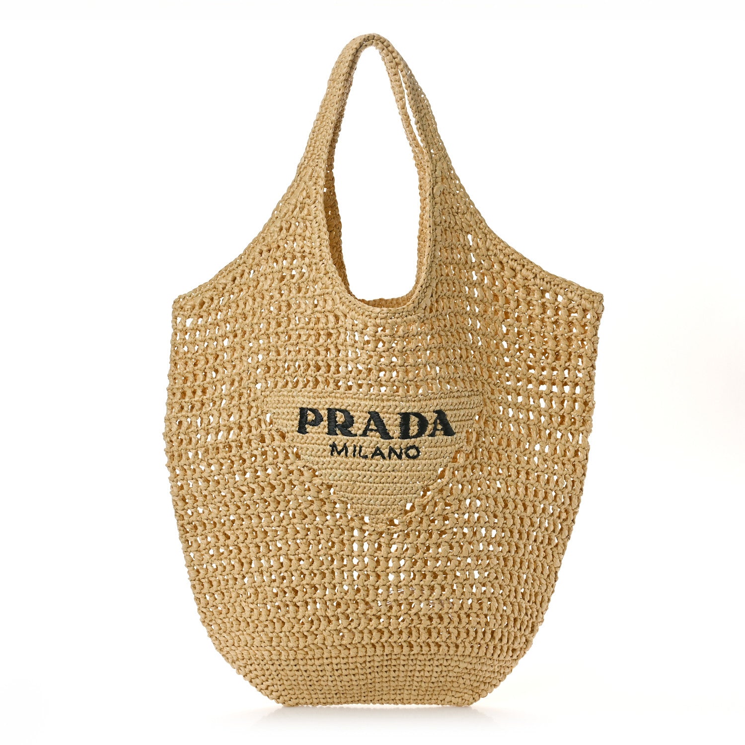 Prada Yarn Raffia Effect Crochet Logo Embroidered Shopping Tote Bag Naturale 1 of 8