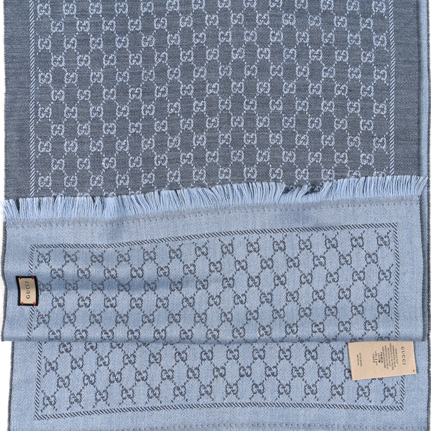 Wool GG Monogram Reversible New Sten Fringe Scarf Flannel Sky Blue