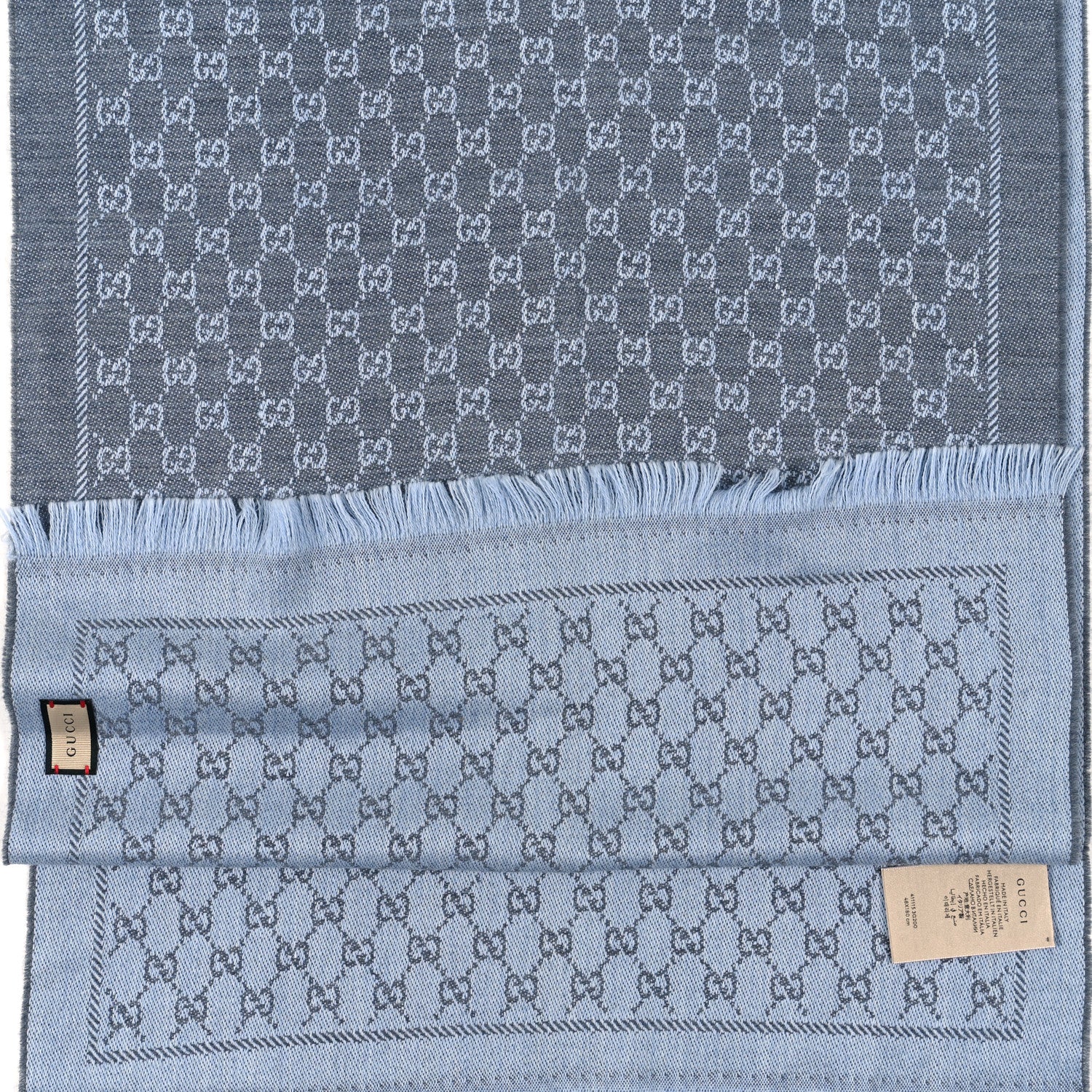Gucci Wool GG Monogram Reversible New Sten Fringe Scarf Flannel Sky Blue 3 of 4