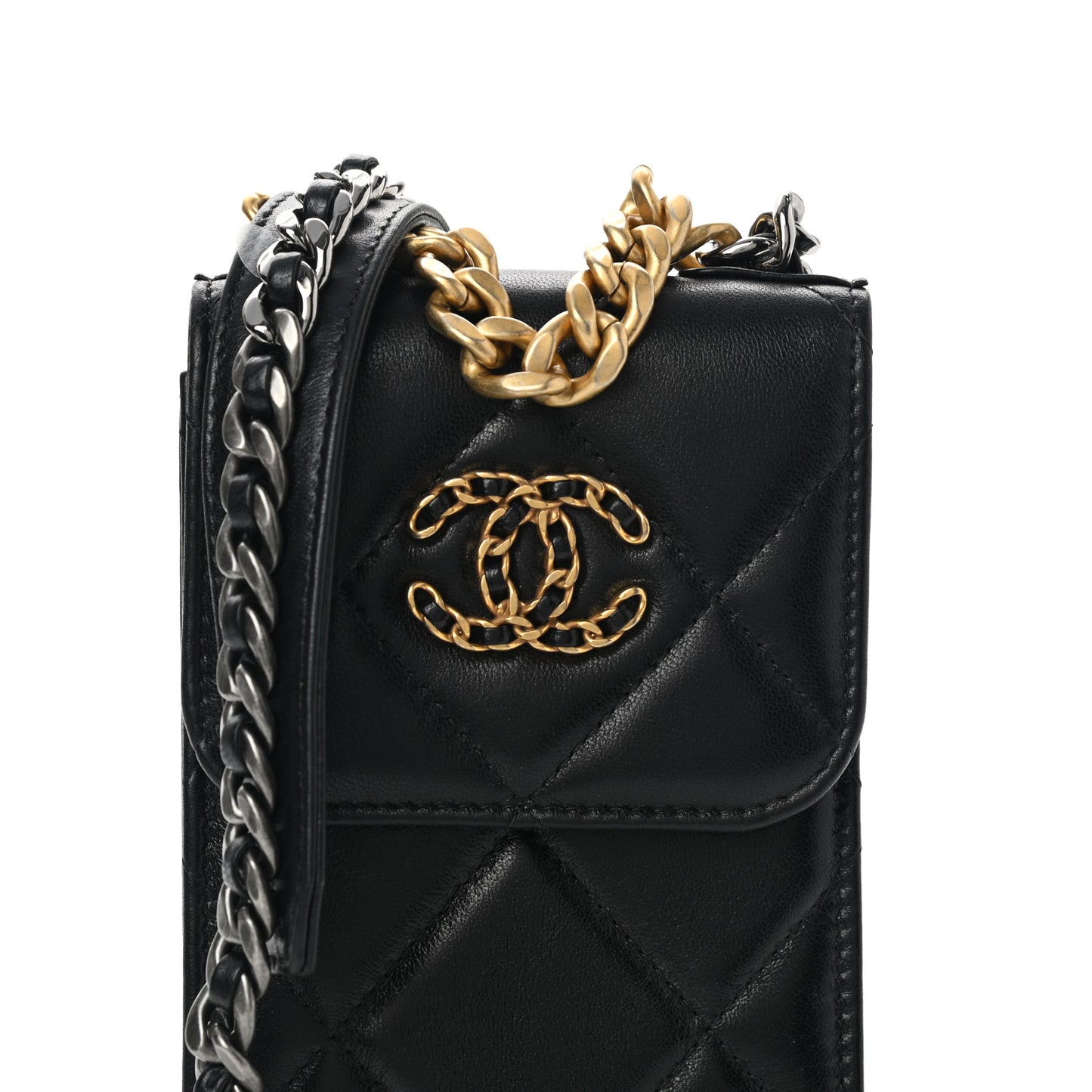 Lambskin Quilted Chanel 19 Phone Holder With Chain Black