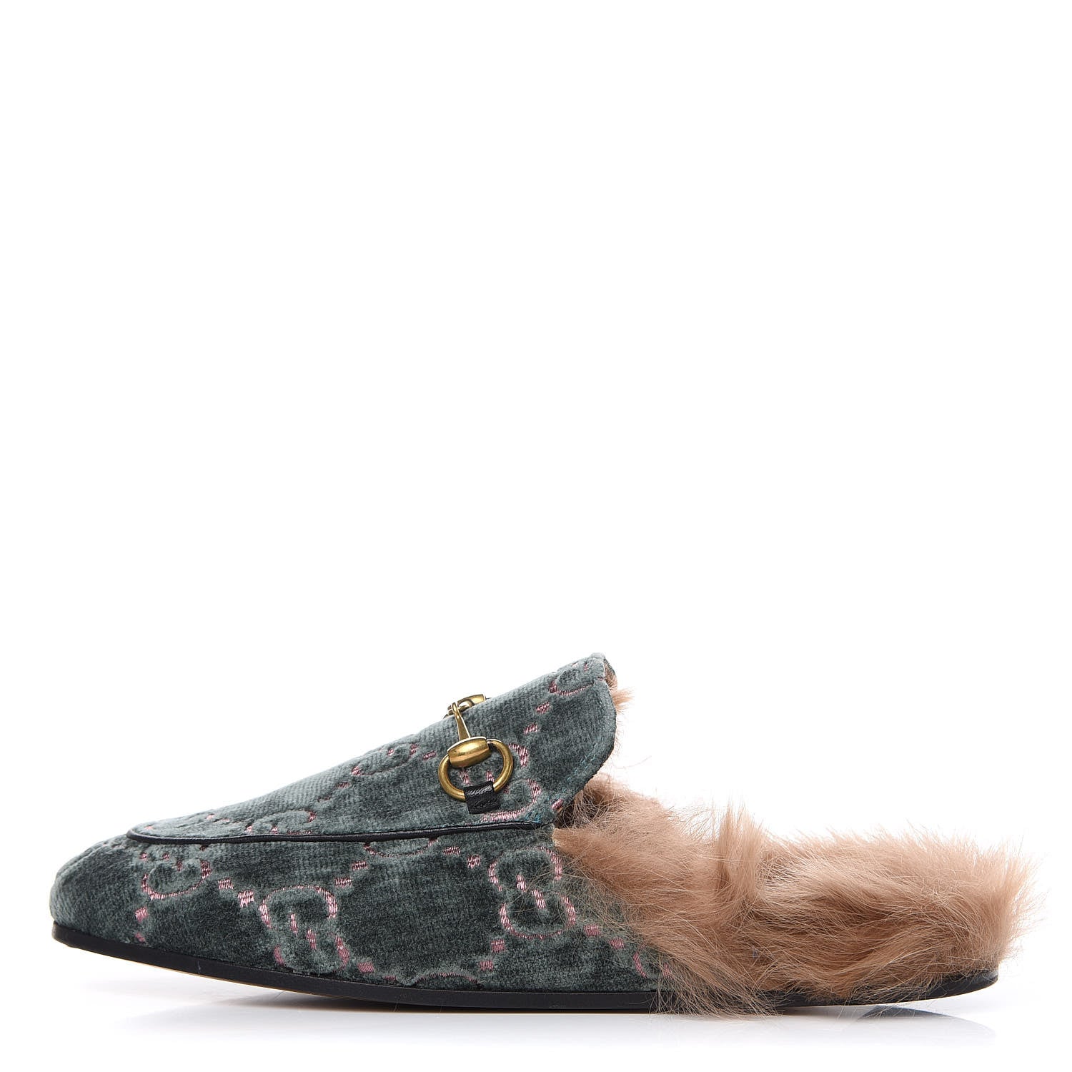 Gucci Velvet GG Monogram Fur Womens Princetown Slippers 35 Avio Dusty Pink 1 of 8