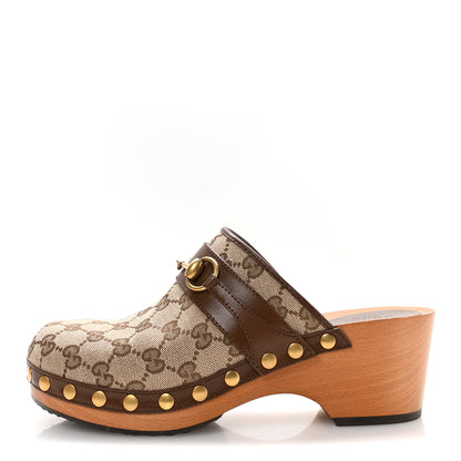 Gucci Monogram Goatskin Horsebit Clog Mules 39 Beige Ebony Brown Sugar 1 of 9