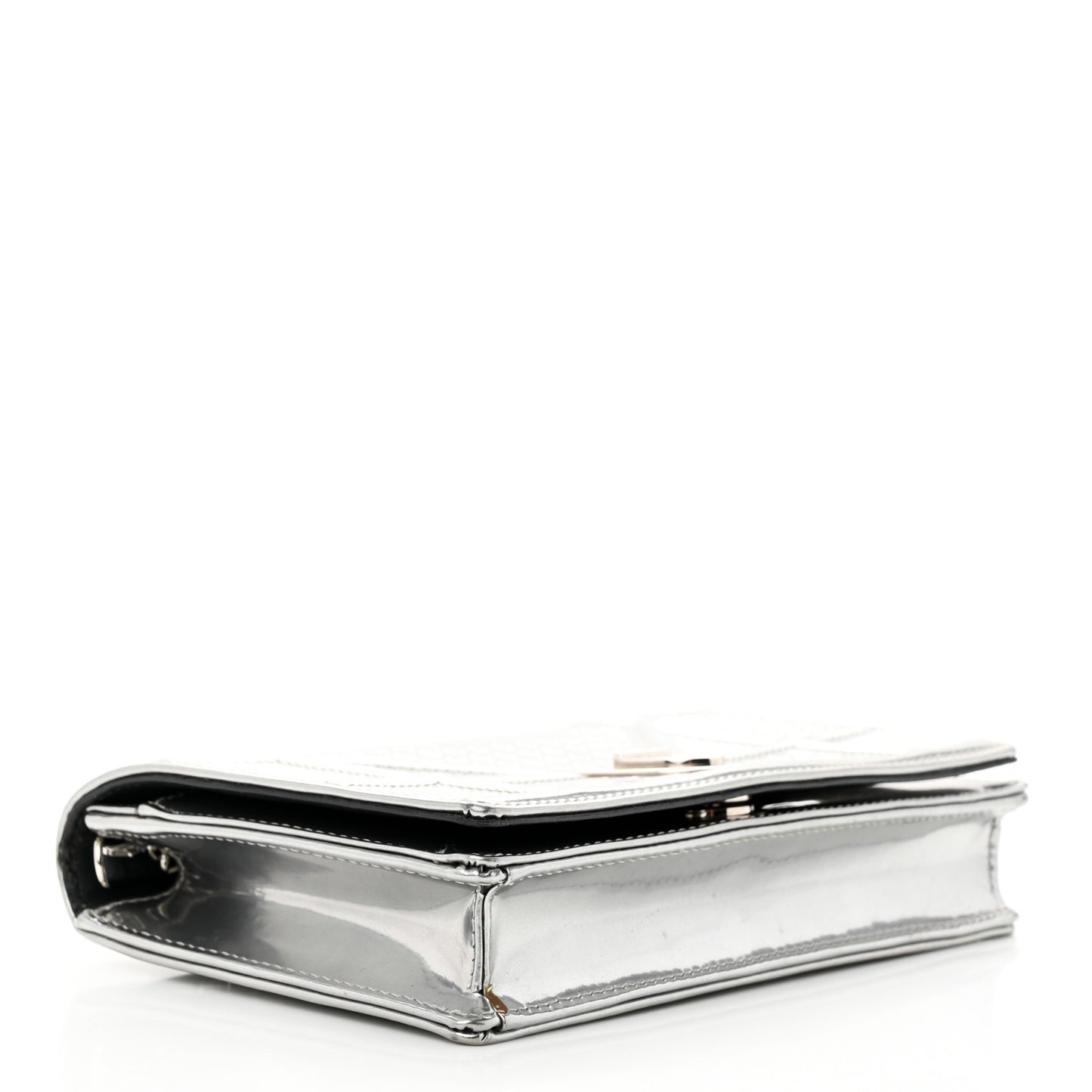 Metallic Patent Micro-Cannage Diorama Wallet on Chain Pouch Silver
