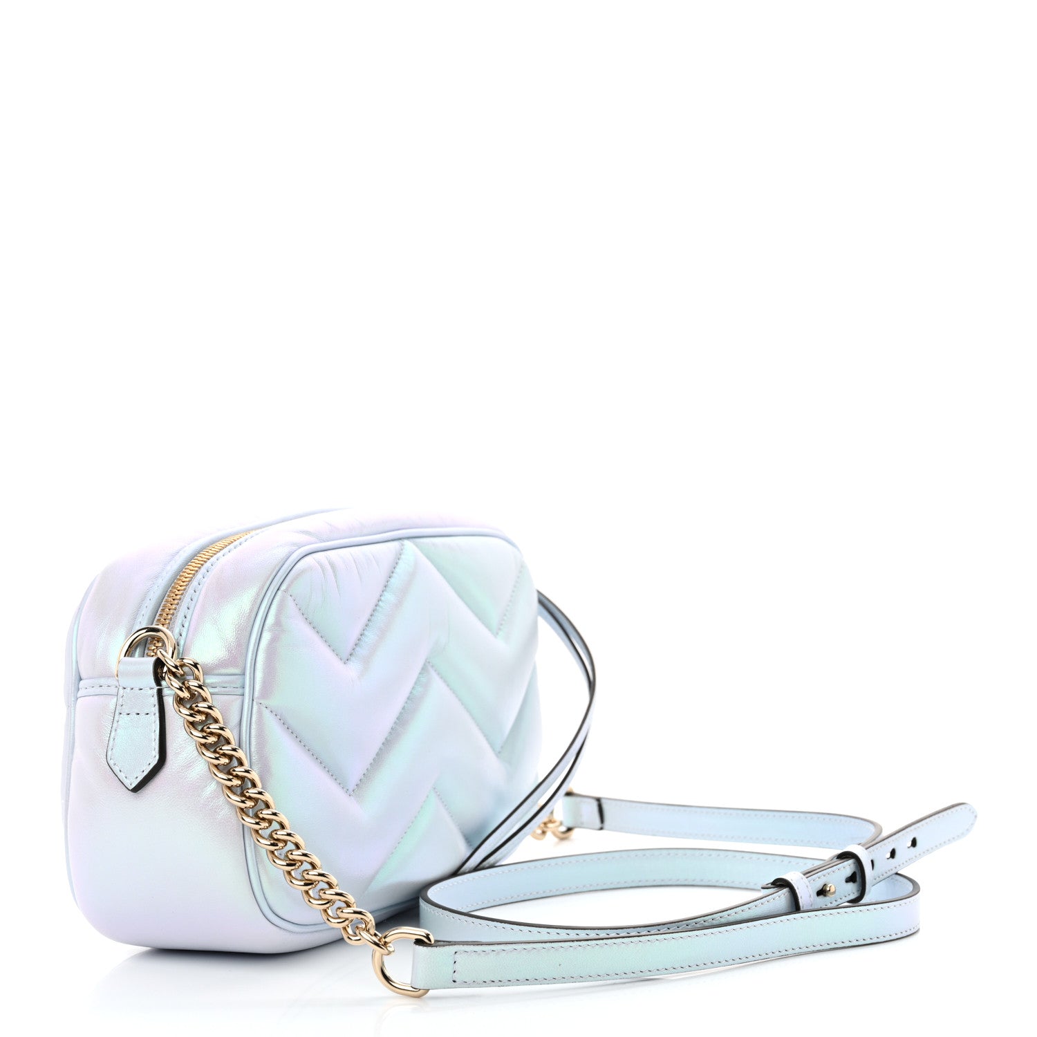 Gucci Iridescent Nappa Chevron Matelasse Small GG Marmont Chain Shoulder Bag Iridescent Snow Light Blue 3 of 10