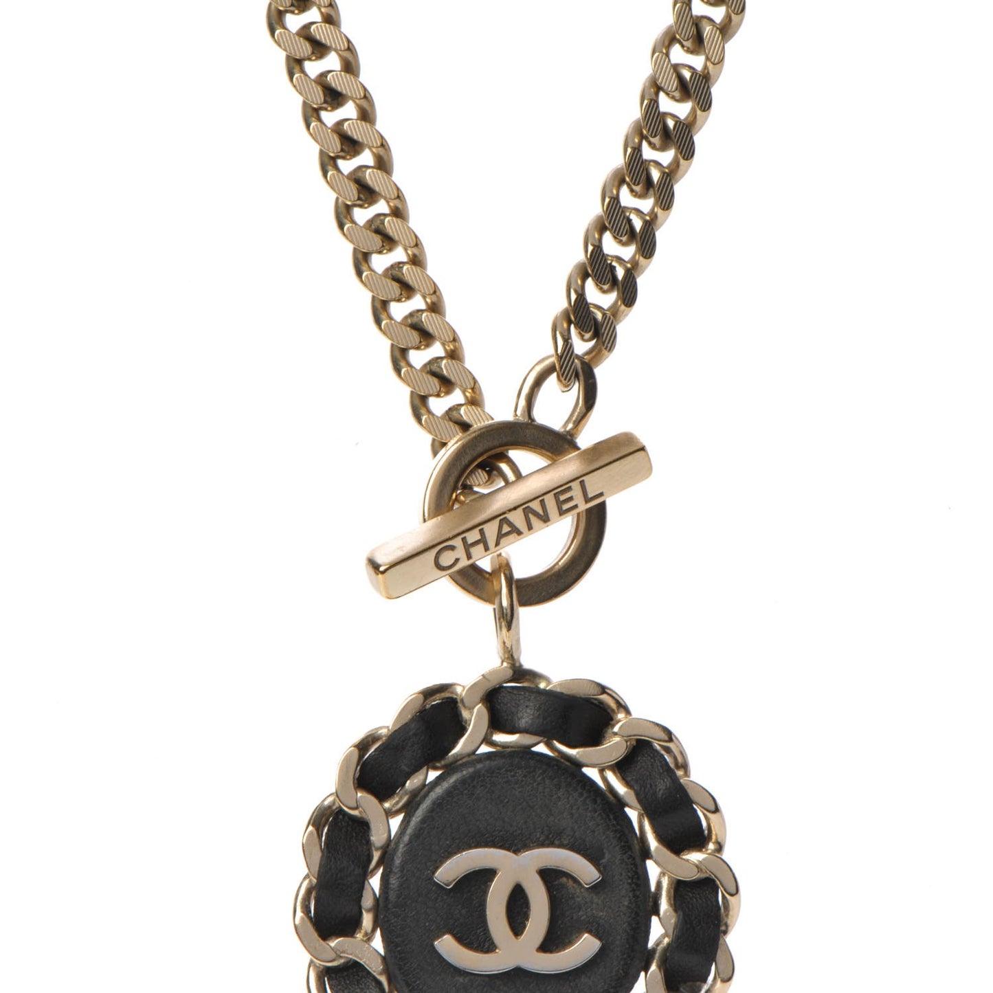 Lambskin CC Long Chain Necklace Black Gold