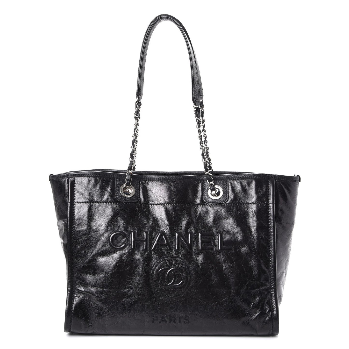 Glazed Calfskin Small Deauville Tote Black