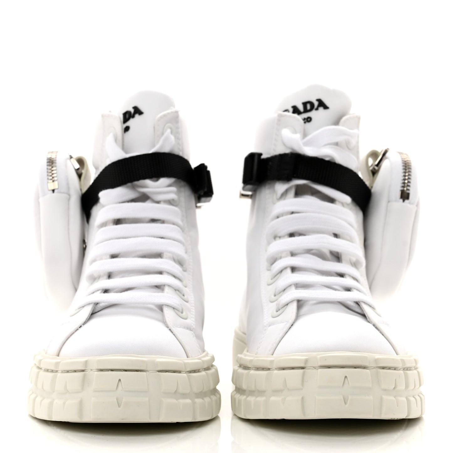 Re-Nylon Gabardine Metal Triangle Logo Wheel Pouch Pocket High Top Sneakers 38 White