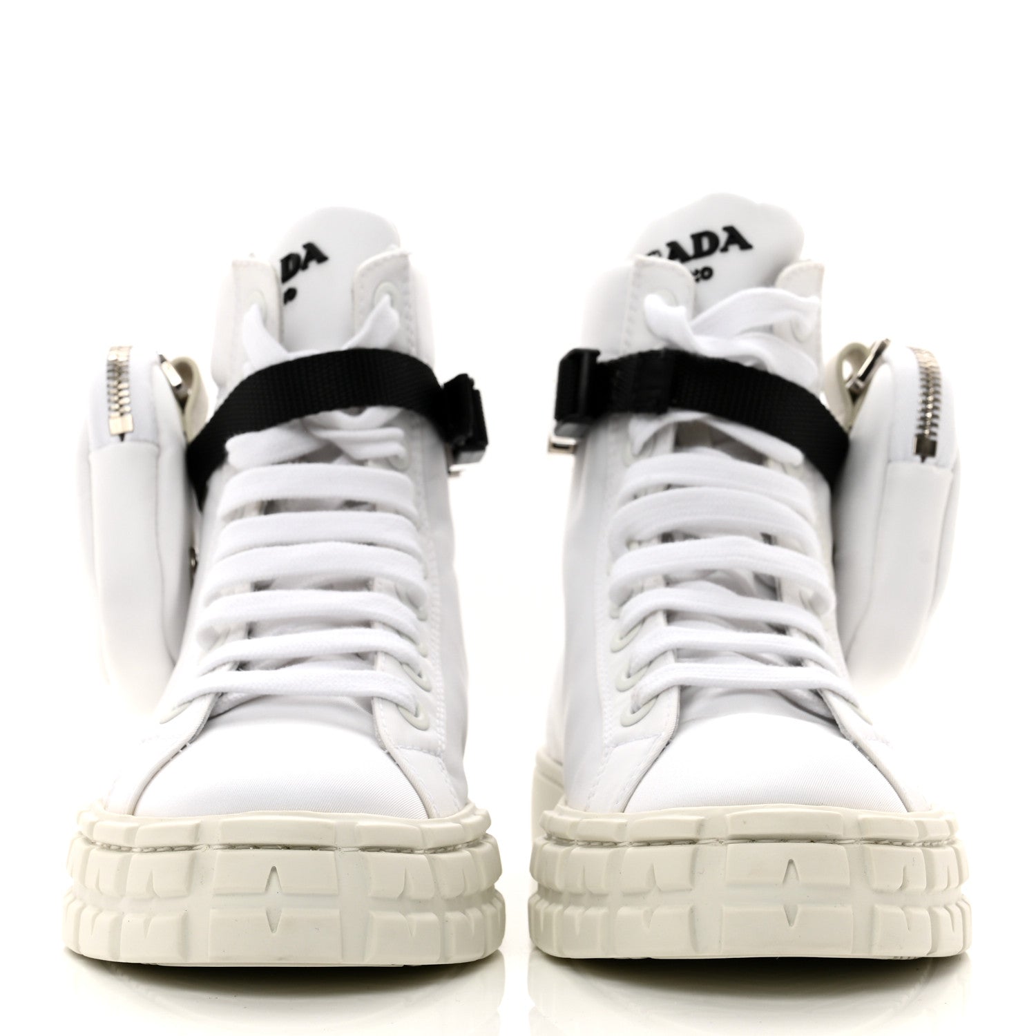 Prada Re-Nylon Gabardine Metal Triangle Logo Wheel Pouch Pocket High Top Sneakers 38 White 2 of 10