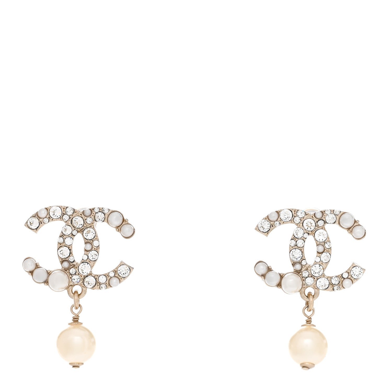 Chanel Crystal Pearl CC Drop Earrings Gold Pearly White 1 of 5