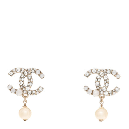 Chanel Crystal Pearl CC Drop Earrings Gold Pearly White 1 of 5