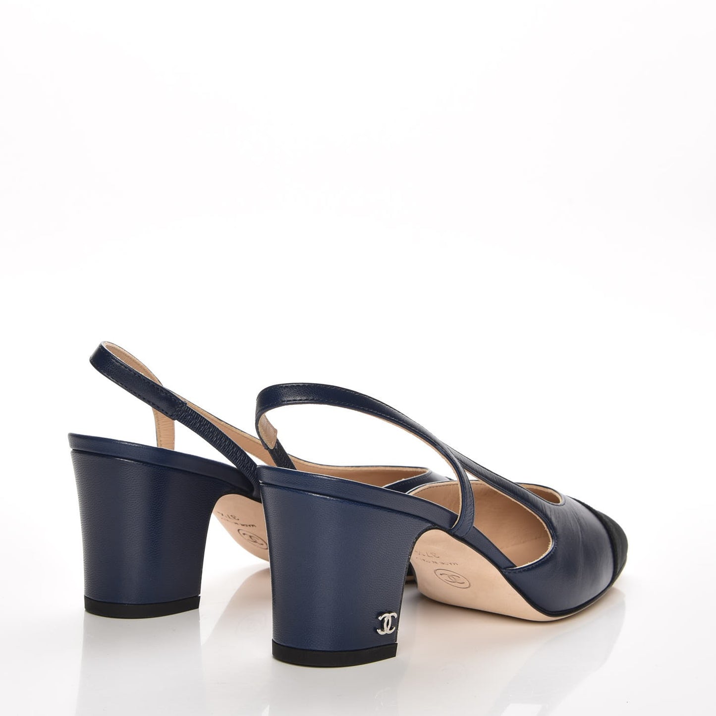 Lambskin Grosgrain Cap Toe CC Slingback Sandals 37.5 Navy Black