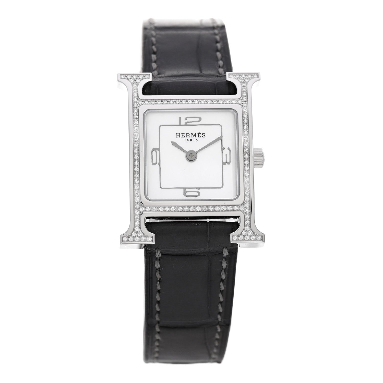 Hermes Stainless Steel Alligator Diamond Bezel Mother of Pearl 21mm Heure H Hour Quartz Watch Graphite 1 of 5