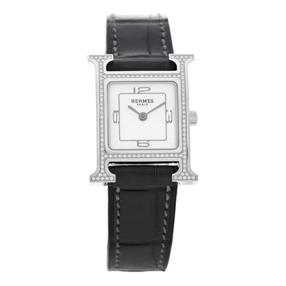 Hermes Stainless Steel Alligator Diamond Bezel Mother of Pearl 21mm Heure H Hour Quartz Watch Graphite 1 of 5