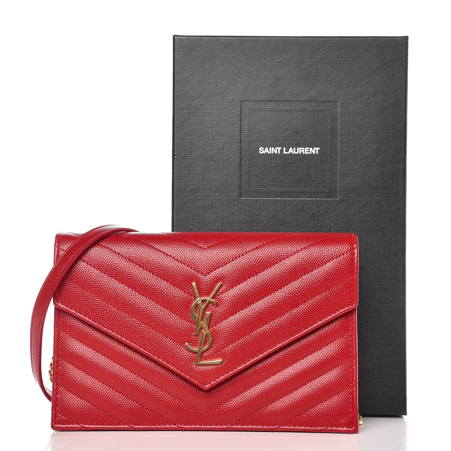 Grain De Poudre Matelasse Chevron Monogram Envelope Chain Wallet New Red