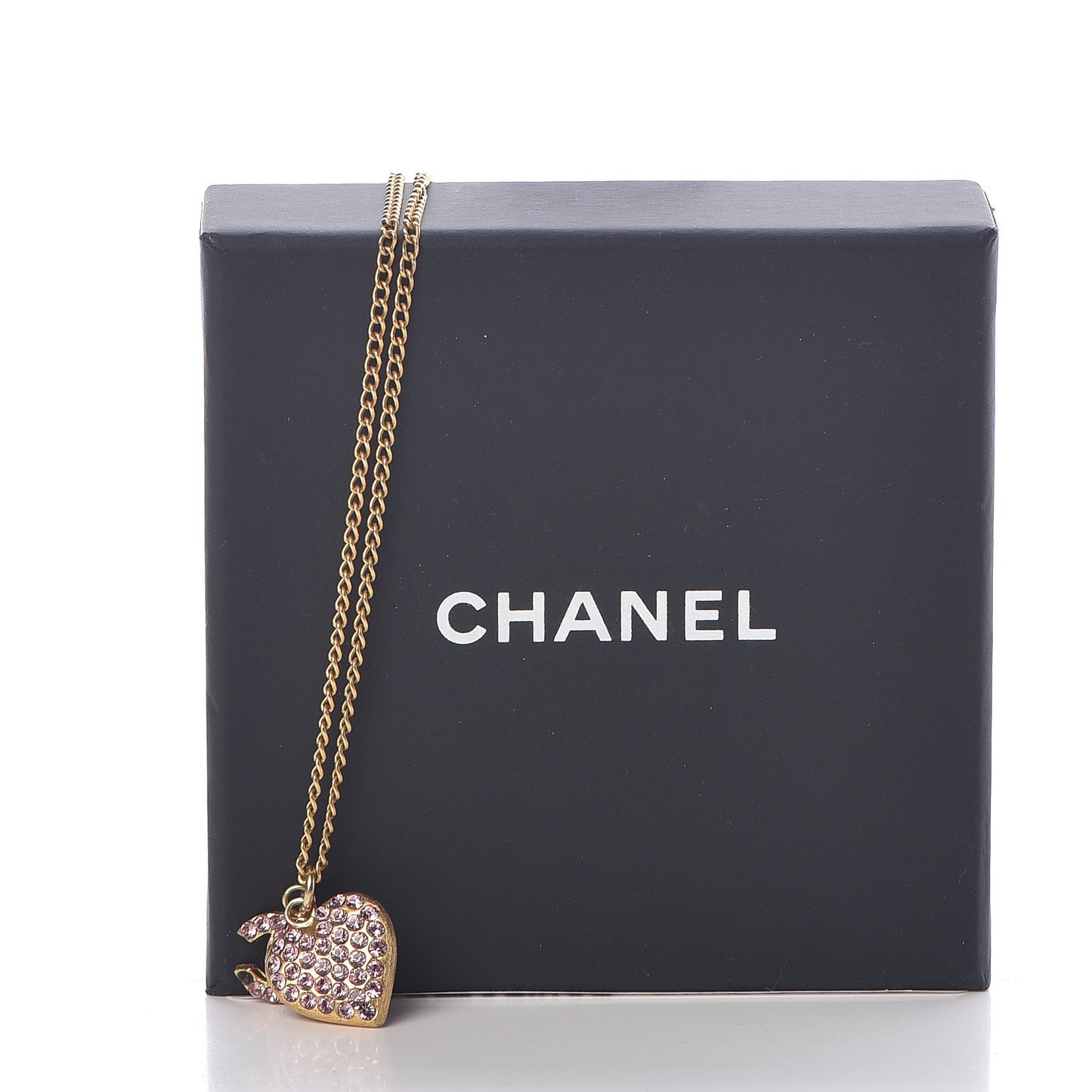Crystal CC Heart Charm Necklace Gold Pink