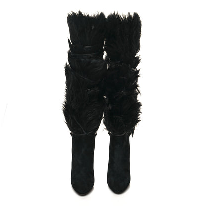 Saint Laurent Suede Faux Fur Jokull 105 Over The Knee Boots 38 Black 2 of 7