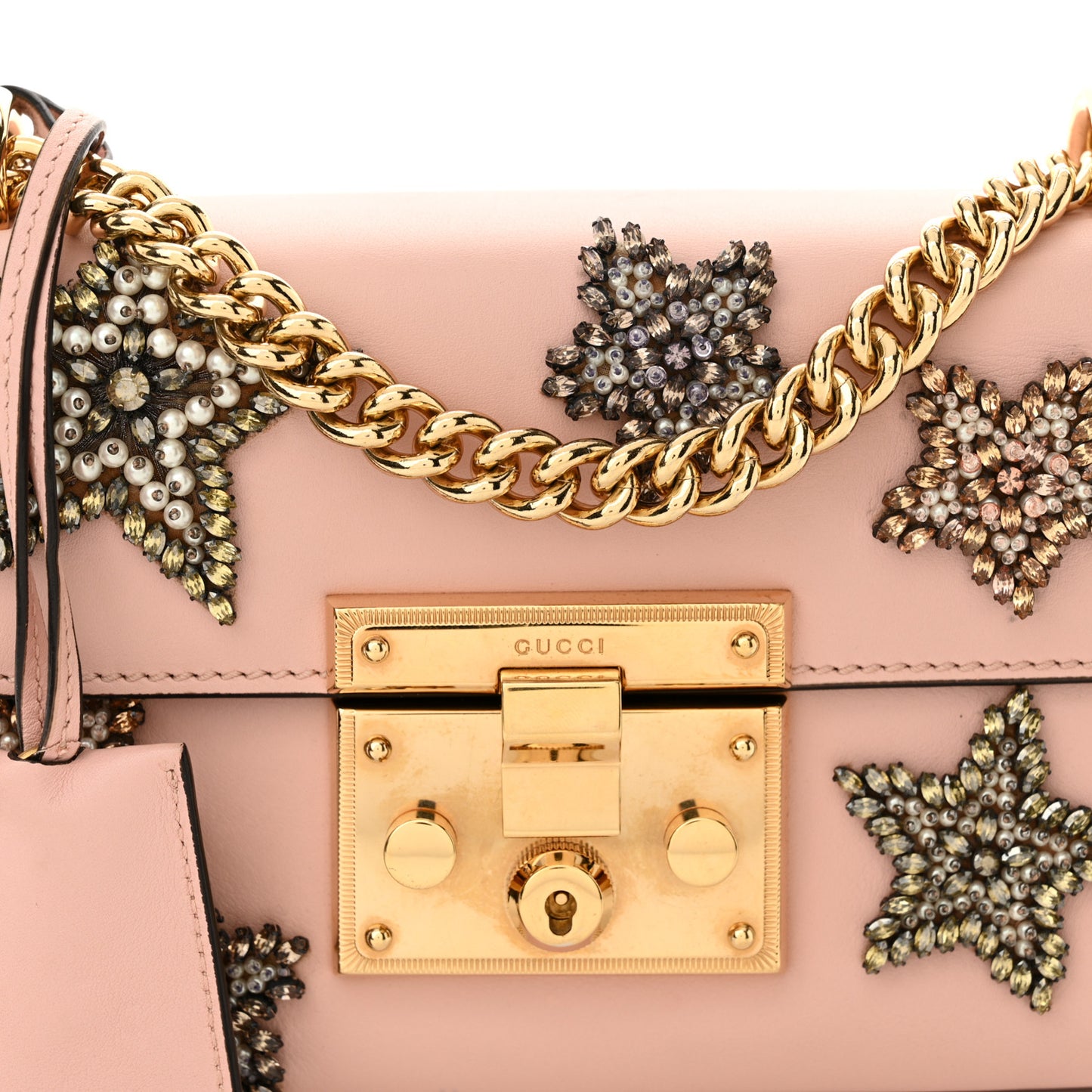 Calfskin Crystal Star Embroidered Small Padlock Shoulder Bag Perfect Pink Multicolor