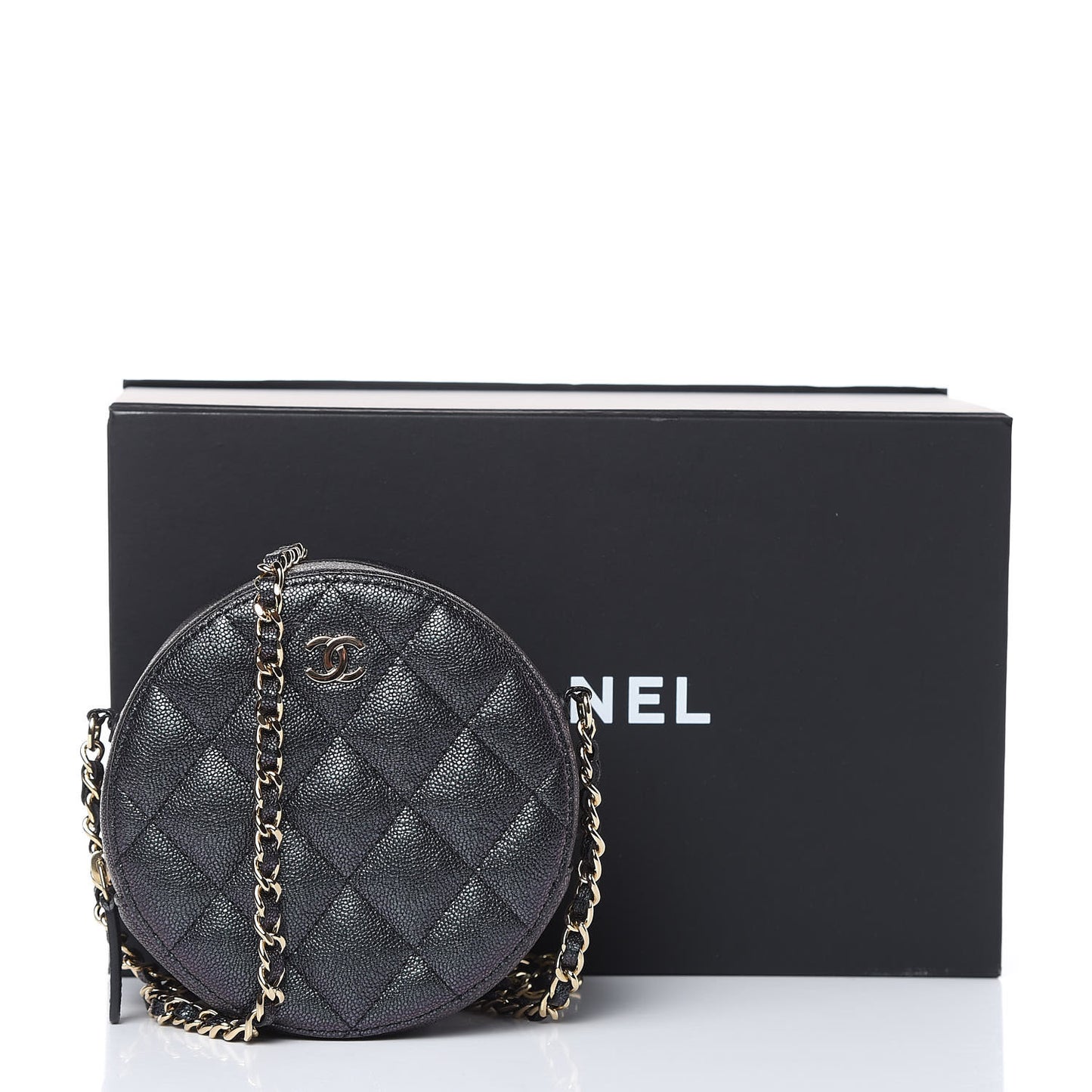 Iridescent Caviar Quilted Round Clutch With Chain Black