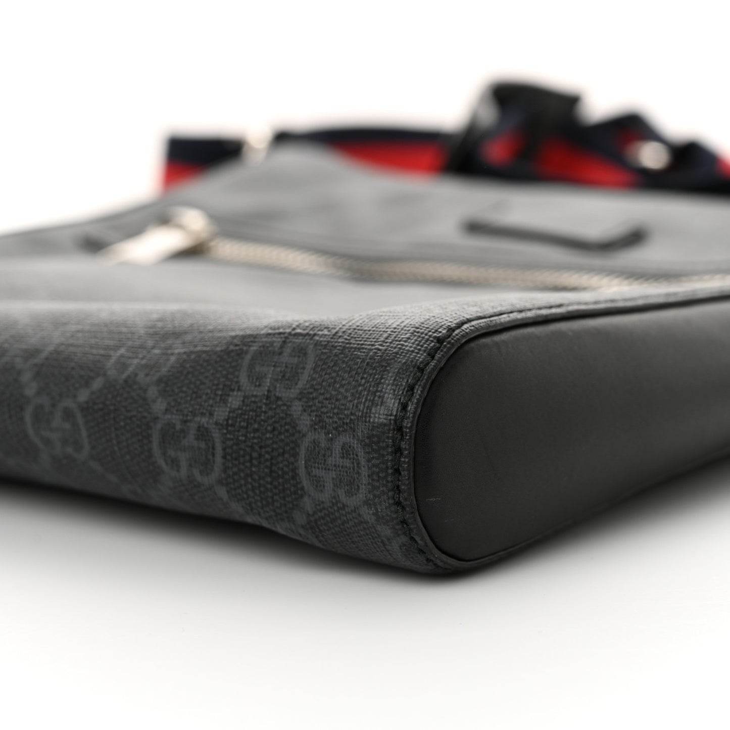 GG Supreme Monogram Appia Calfskin Web Flat Messenger Bag Black Grey