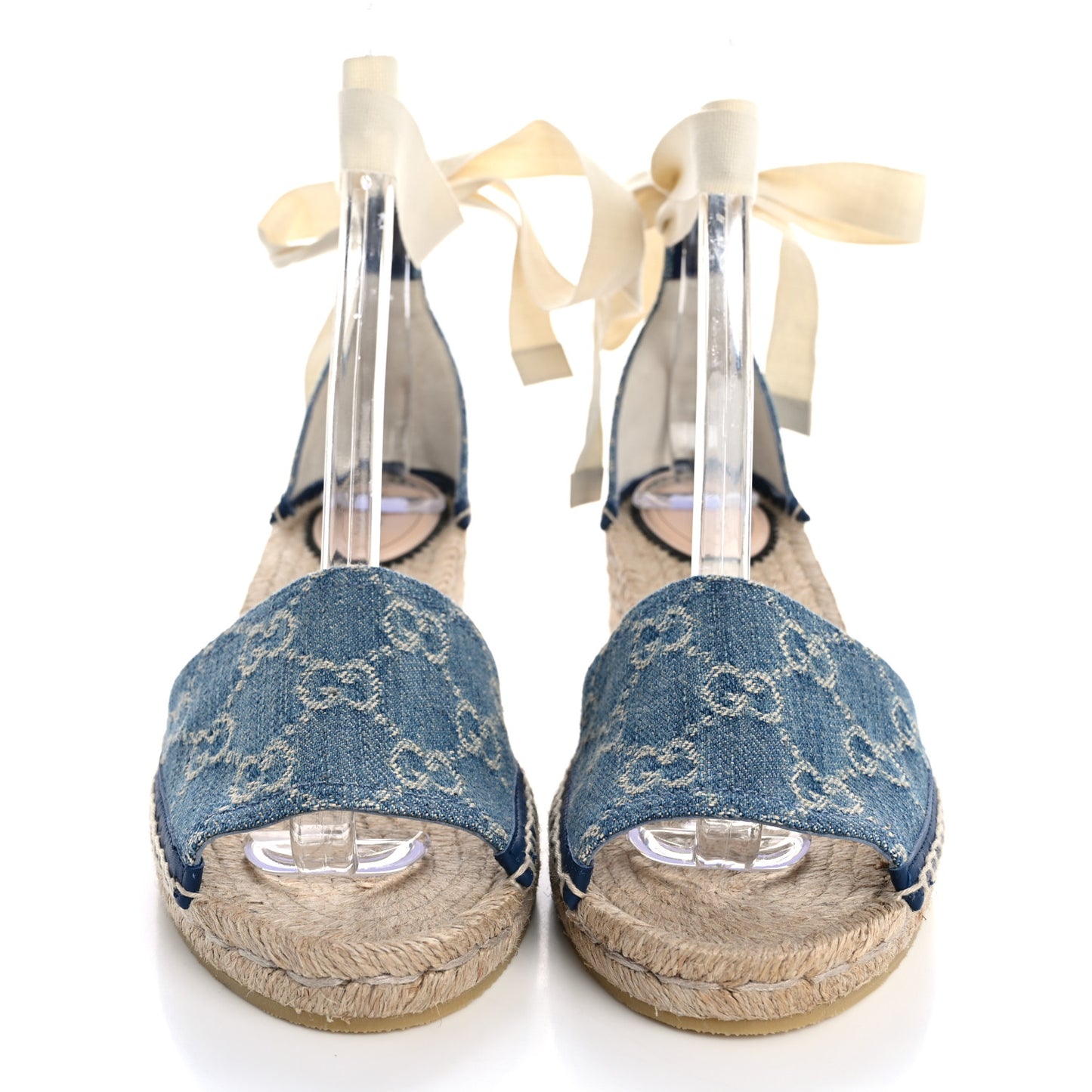 New Denim GG Monogram Pilar Ankle Wrap Espadrille Wedge Sandals 38 Light Blue