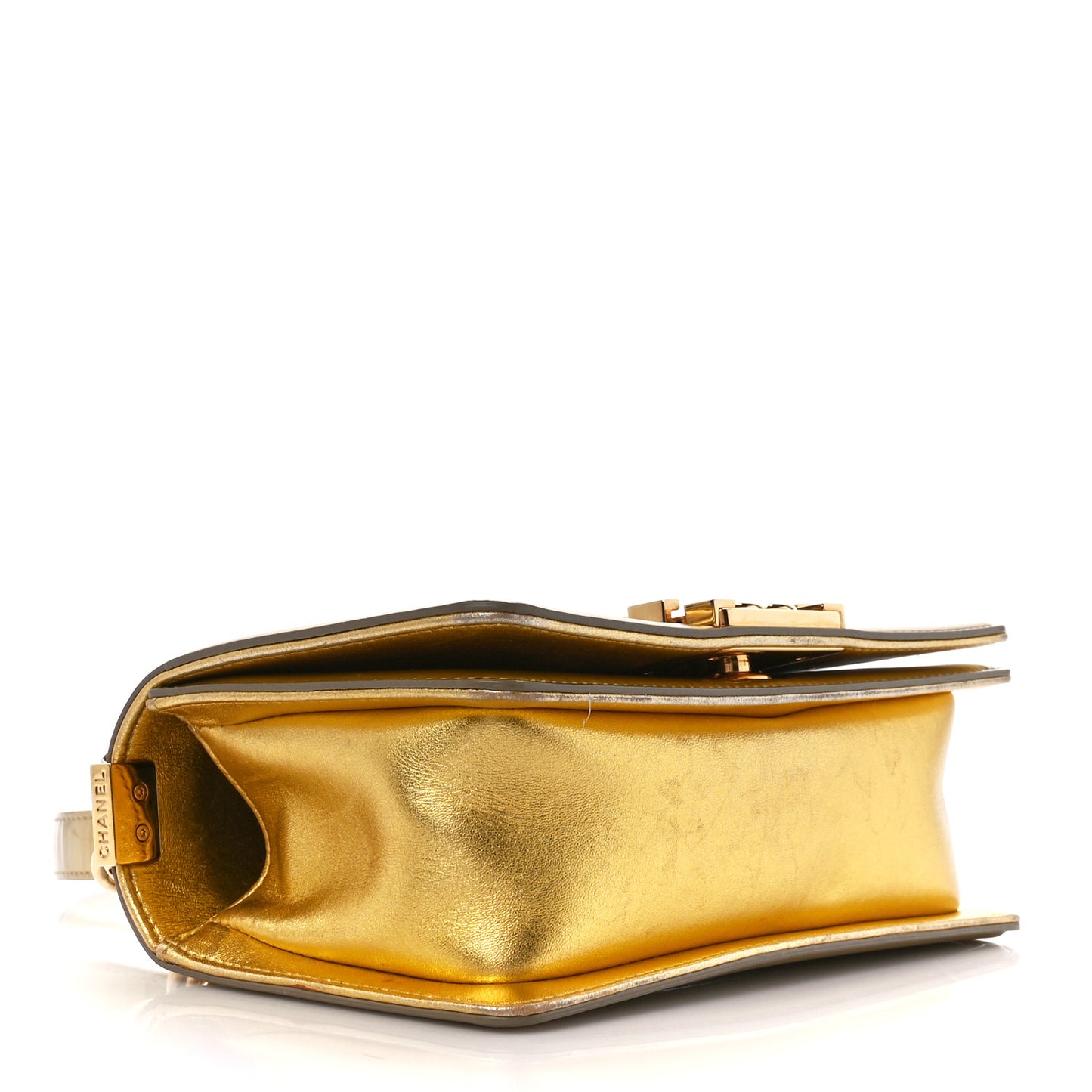 Metallic Patent Calfskin Quilted Small Boy Flap Gold