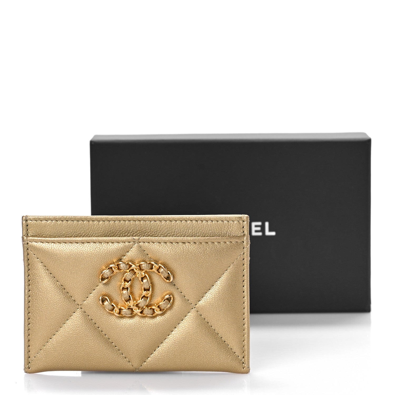Chanel Metallic Lambskin Quilted Chanel 19 Card Holder Gold 10 of 10